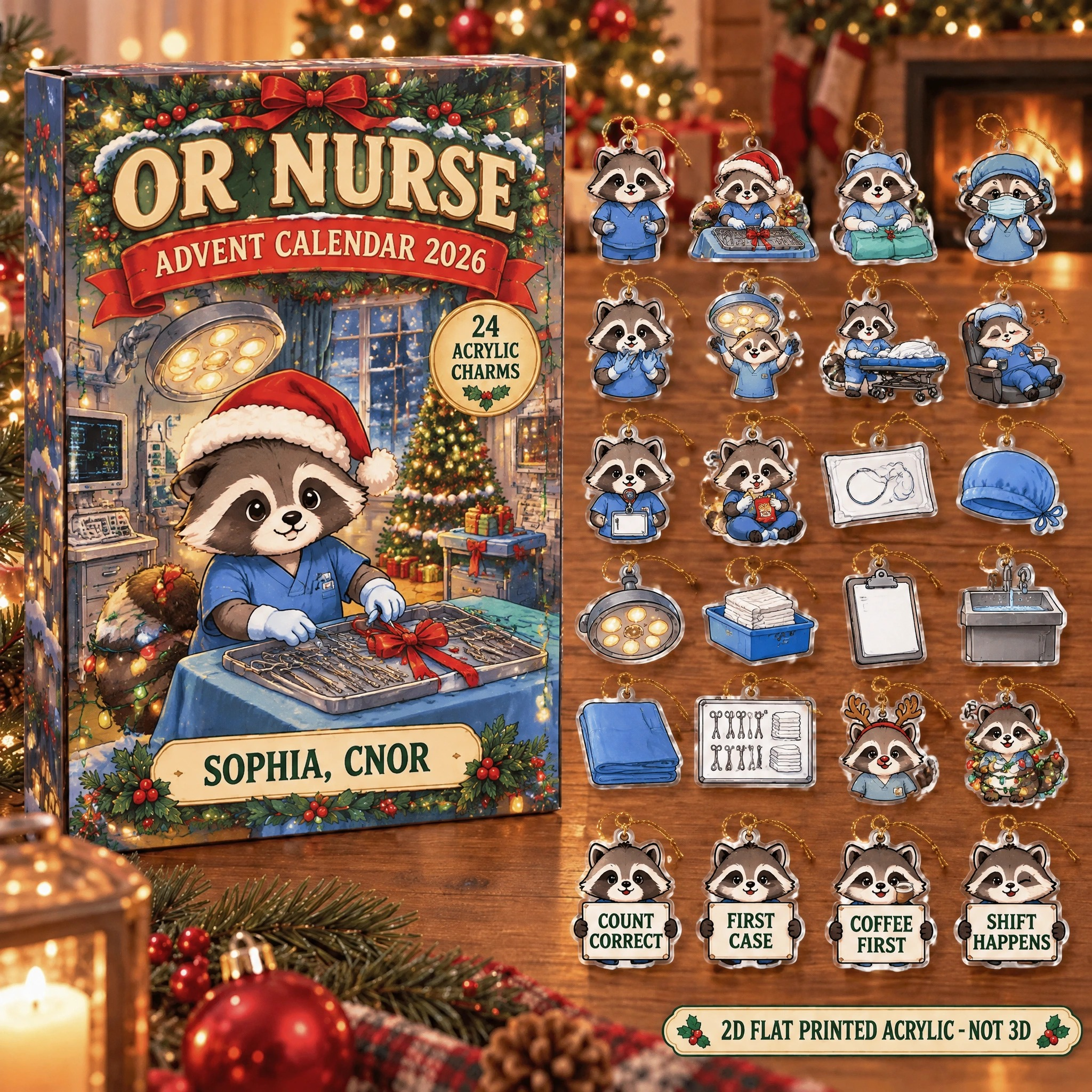 Personalized OR Nurse Raccoon advent calendar box with 24 flat acrylic Christmas charms