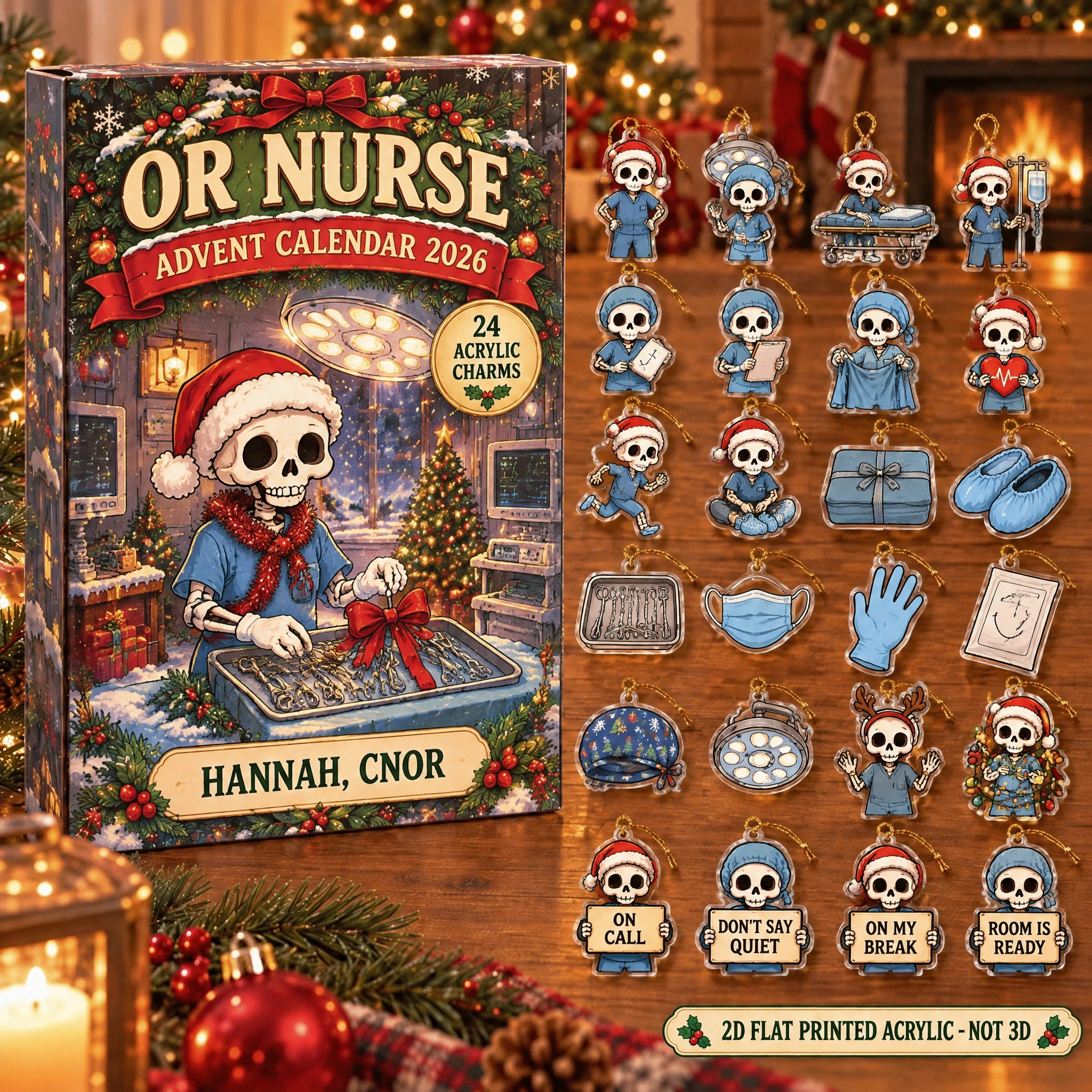 Personalized OR Nurse Skeleton advent calendar box with 24 flat acrylic Christmas charms