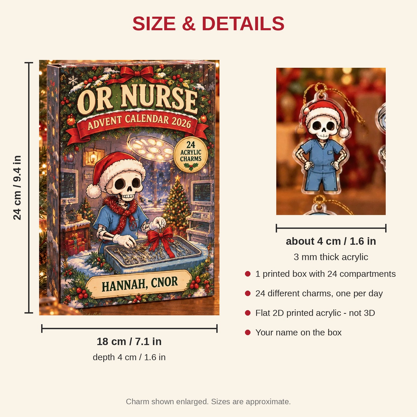 Personalized OR Nurse Skeleton advent calendar box with 24 flat acrylic Christmas charms: box and charm sizes