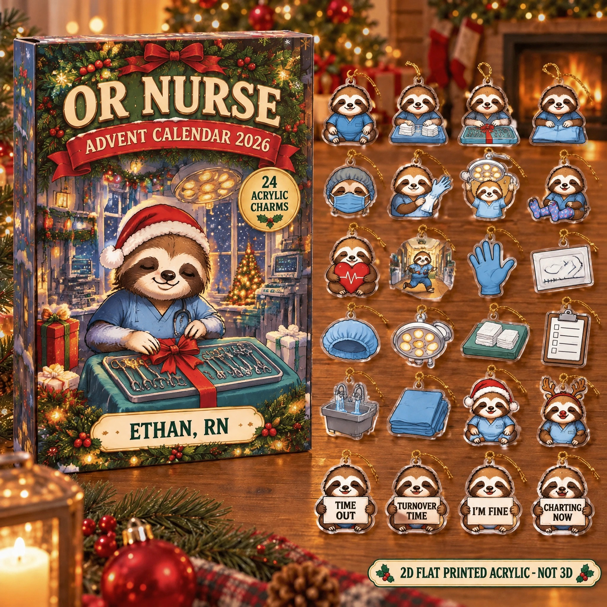 Personalized OR Nurse Sloth advent calendar box with 24 flat acrylic Christmas charms