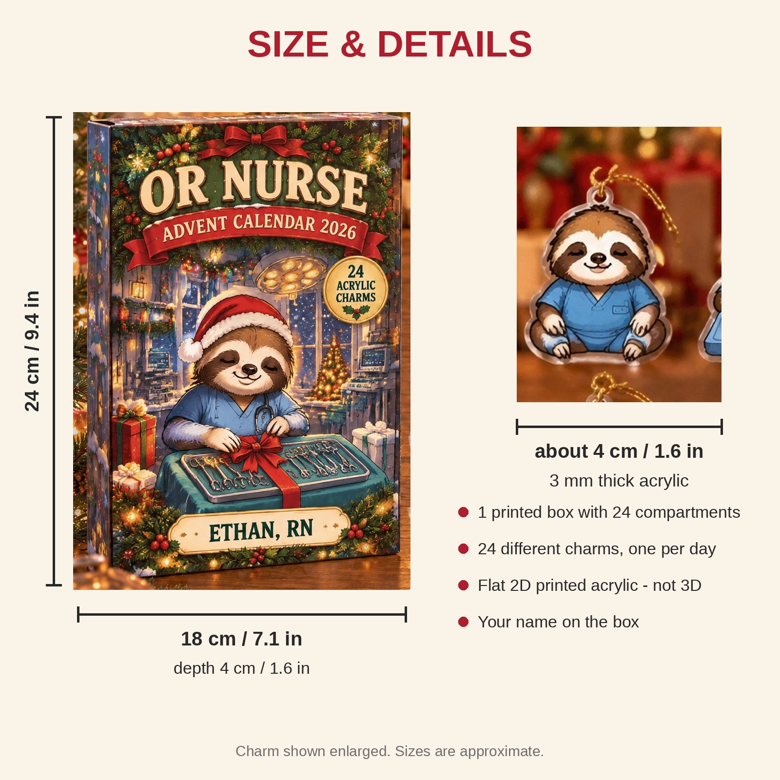 Personalized OR Nurse Sloth advent calendar box with 24 flat acrylic Christmas charms: box and charm sizes