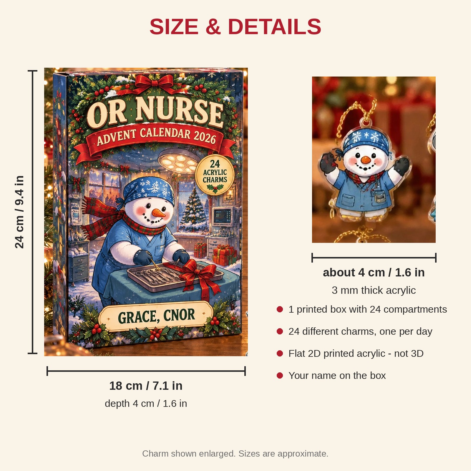 Personalized OR Nurse Snowman advent calendar box with 24 flat acrylic Christmas charms: box and charm sizes