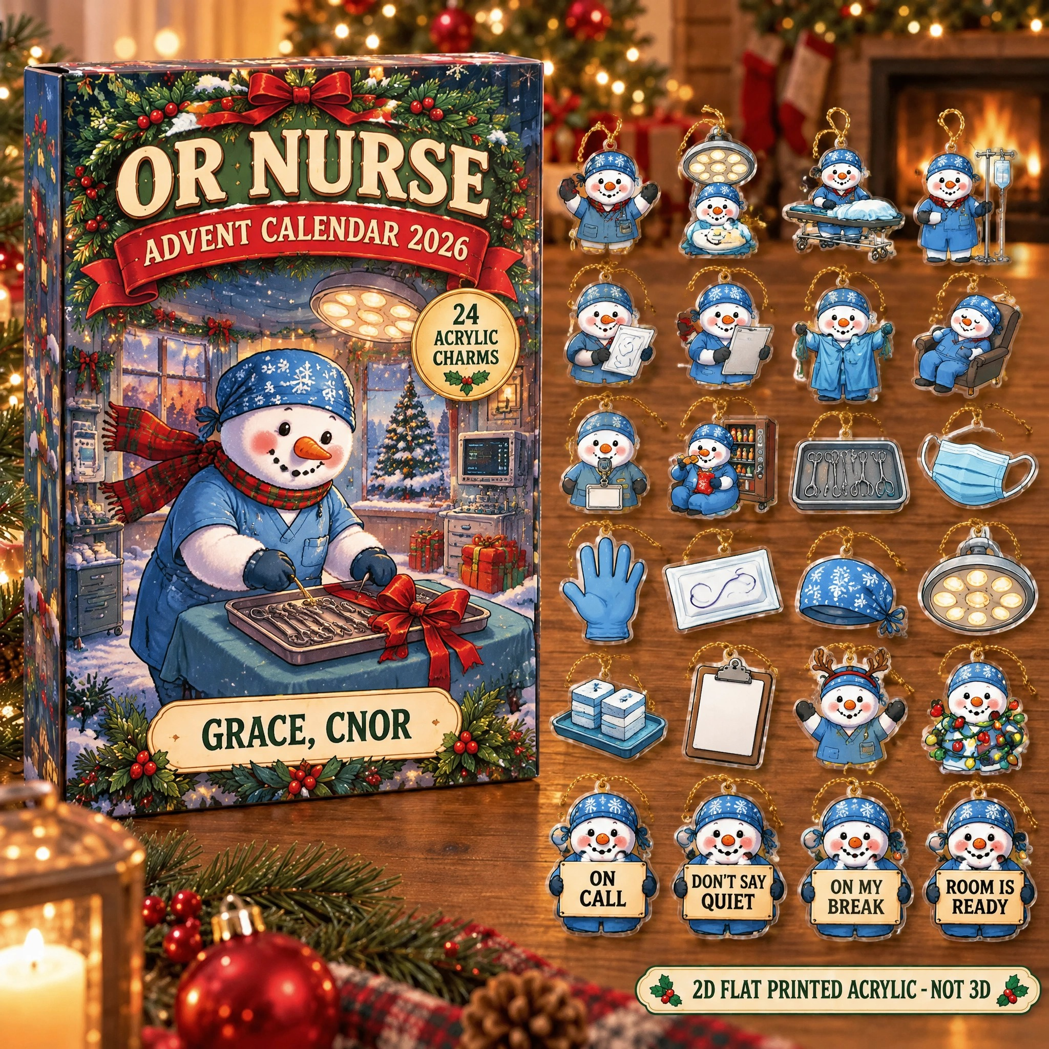 Personalized OR Nurse Snowman advent calendar box with 24 flat acrylic Christmas charms