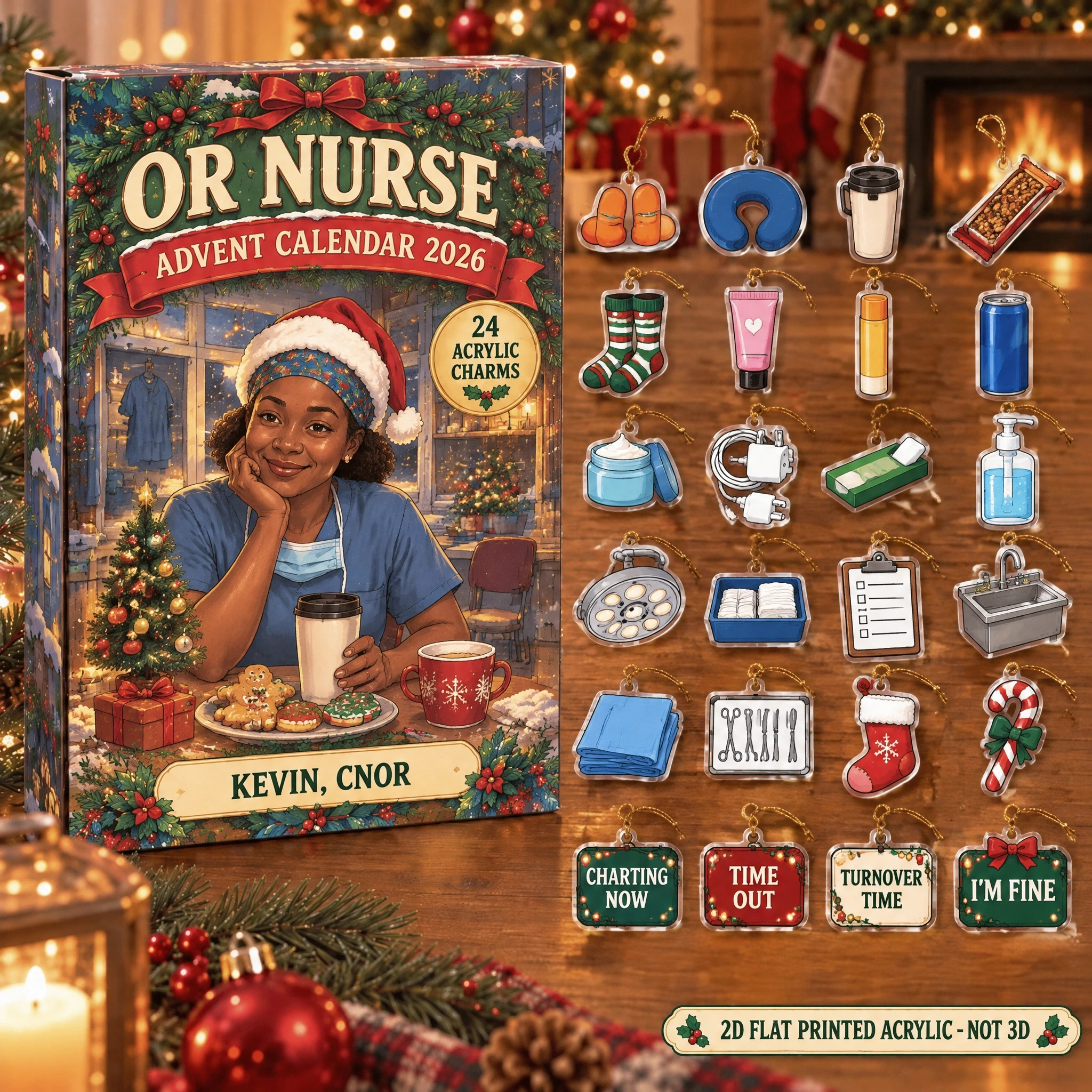 Personalized OR Nurse Survival Kit advent calendar box with 24 flat acrylic Christmas charms