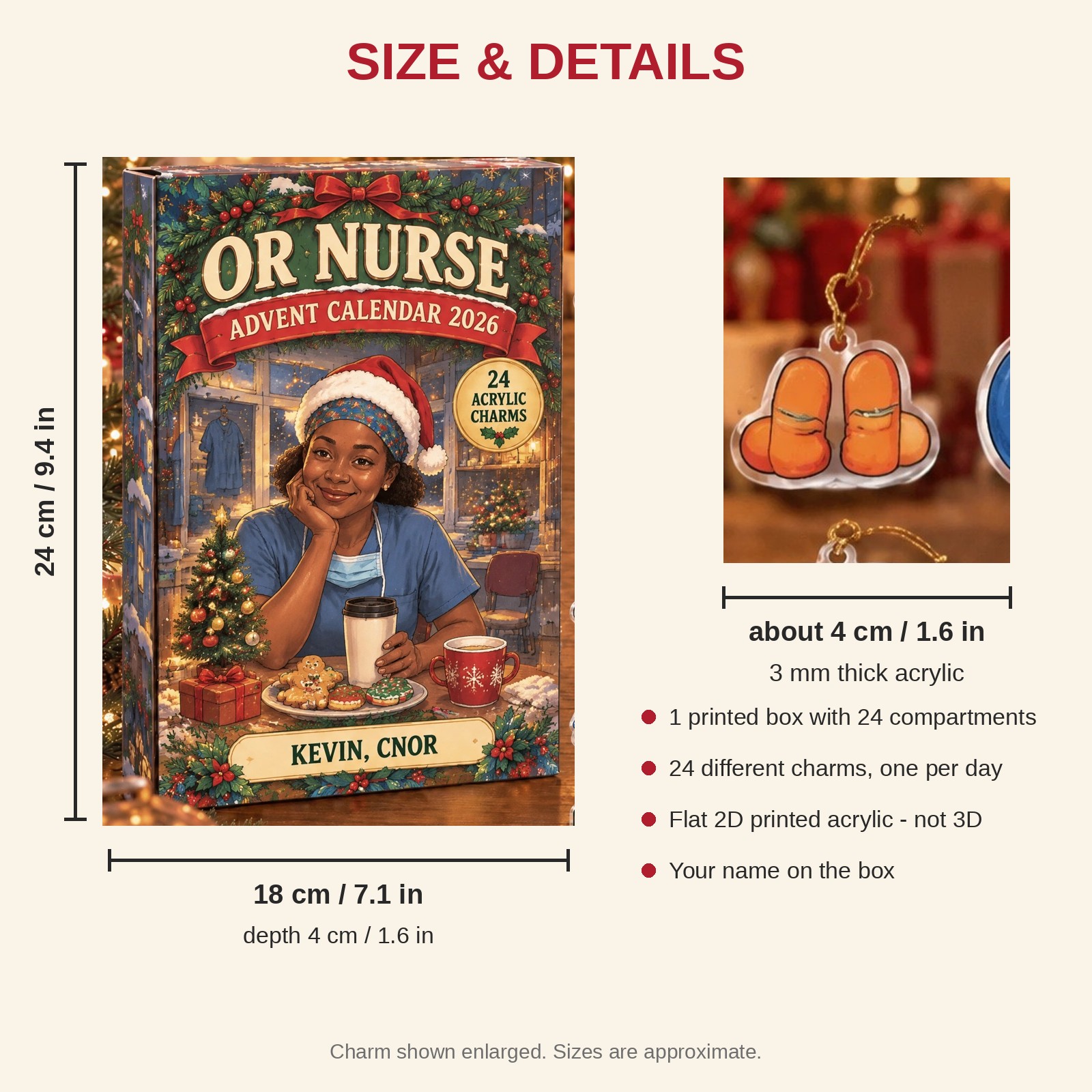 Personalized OR Nurse Survival Kit advent calendar box with 24 flat acrylic Christmas charms: box and charm sizes