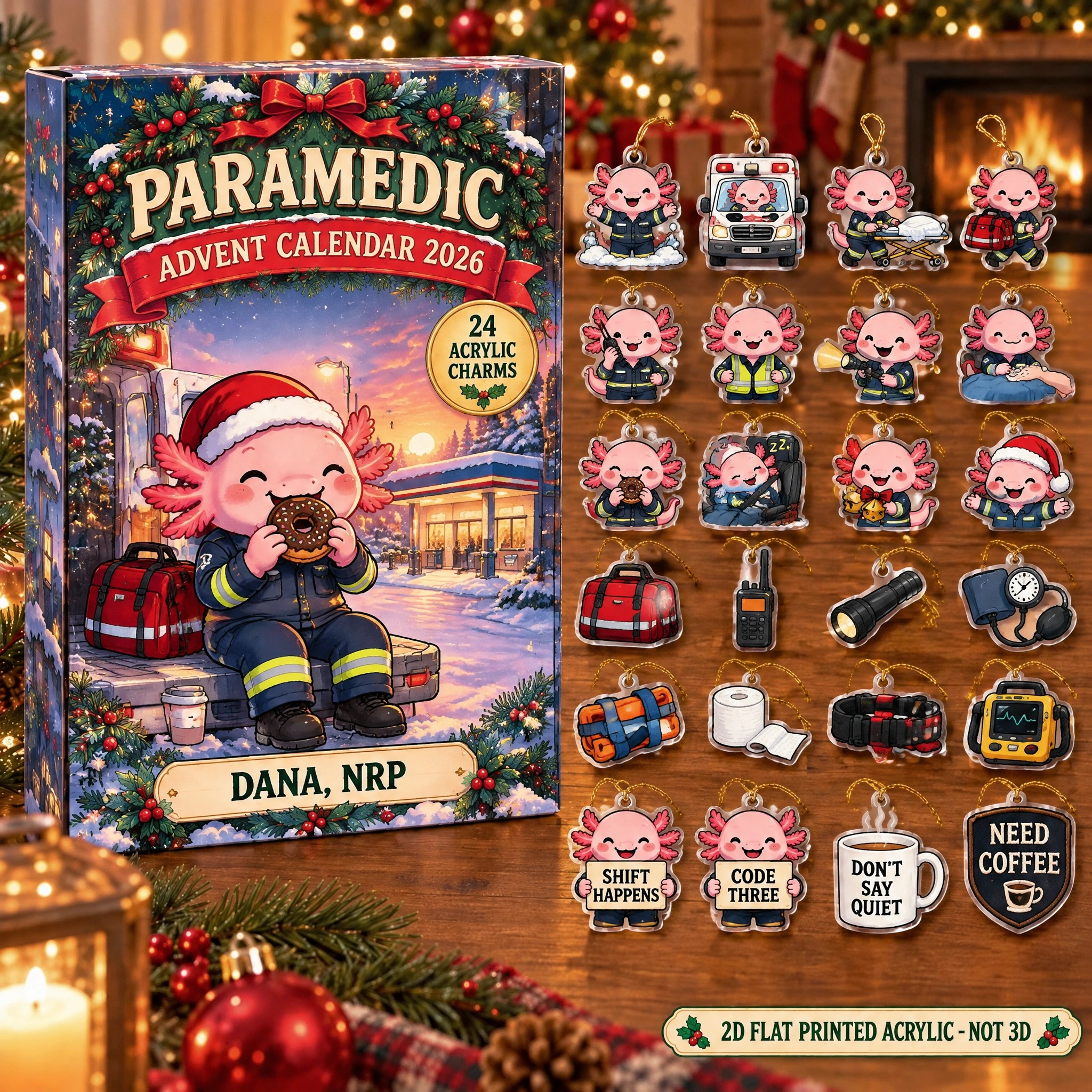 Personalized Paramedic Axolotl advent calendar box with 24 flat acrylic Christmas charms