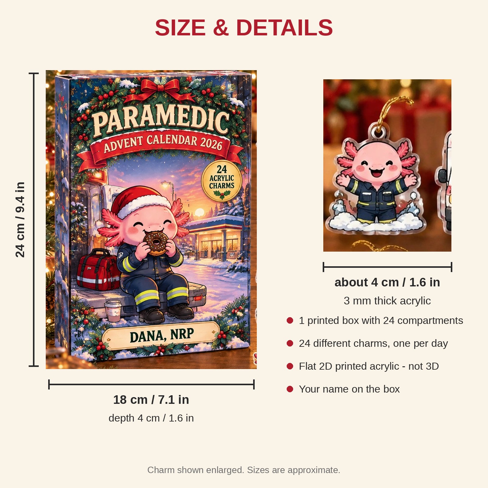 Personalized Paramedic Axolotl advent calendar box with 24 flat acrylic Christmas charms: box and charm sizes