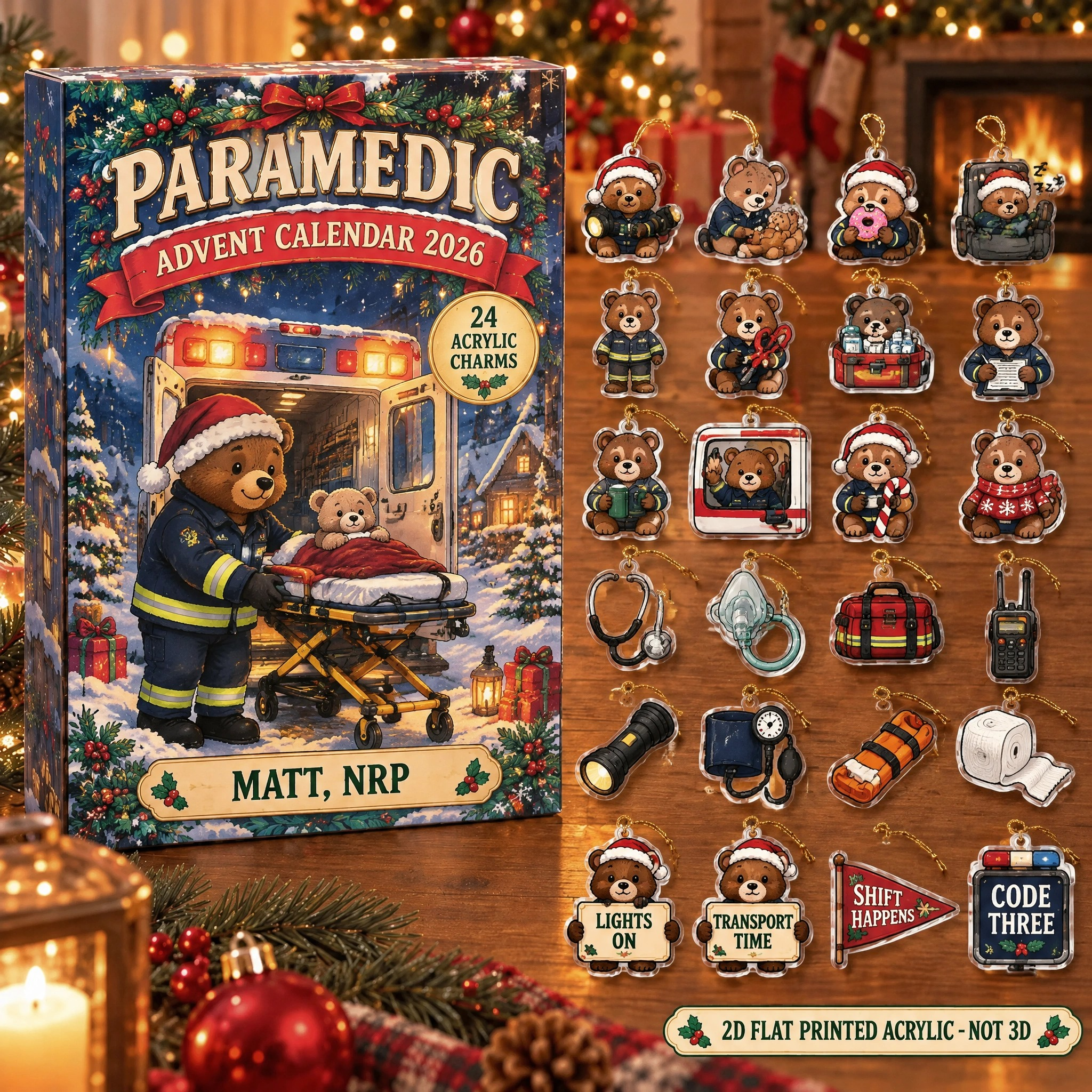 Personalized Paramedic Bear advent calendar box with 24 flat acrylic Christmas charms