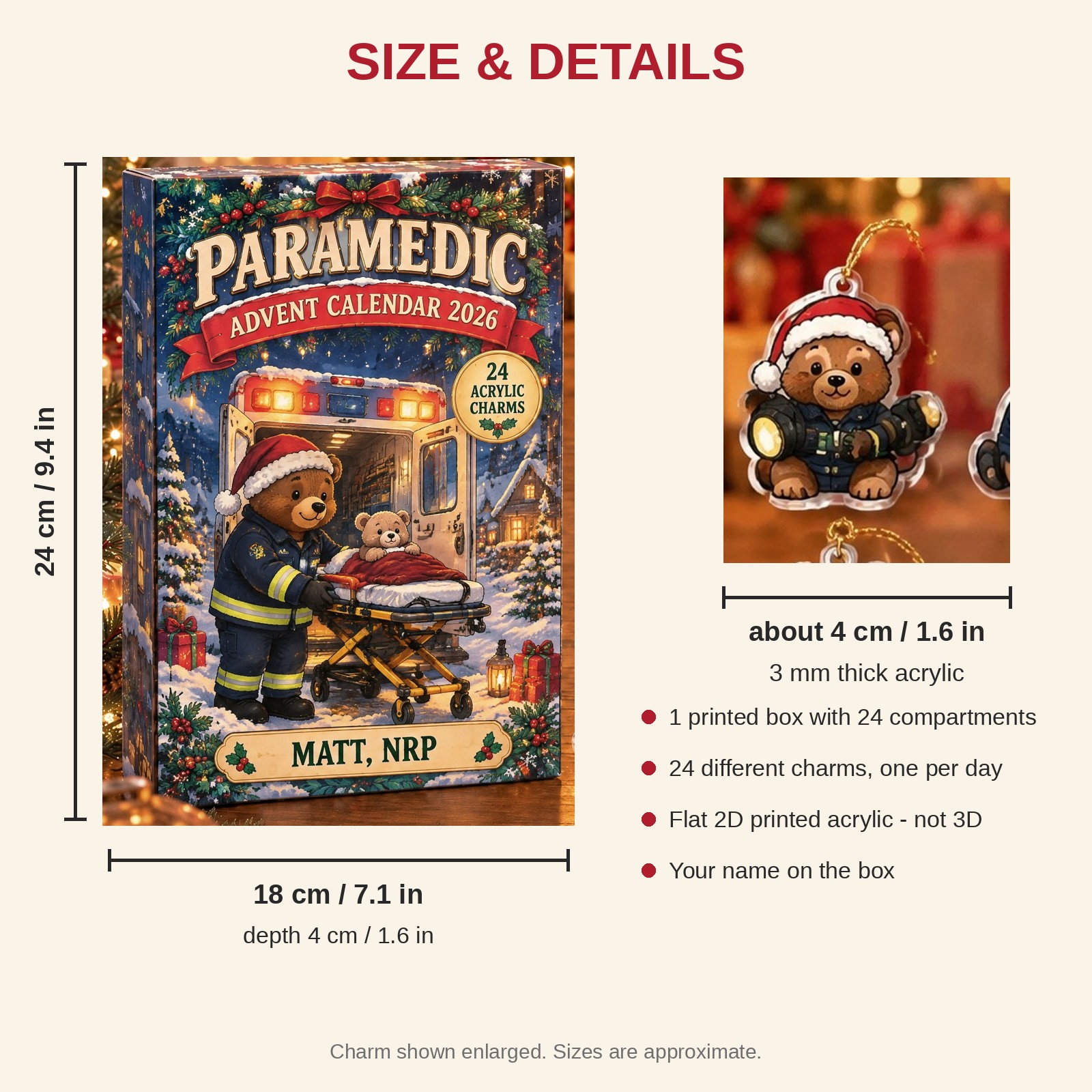 Personalized Paramedic Bear advent calendar box with 24 flat acrylic Christmas charms: box and charm sizes
