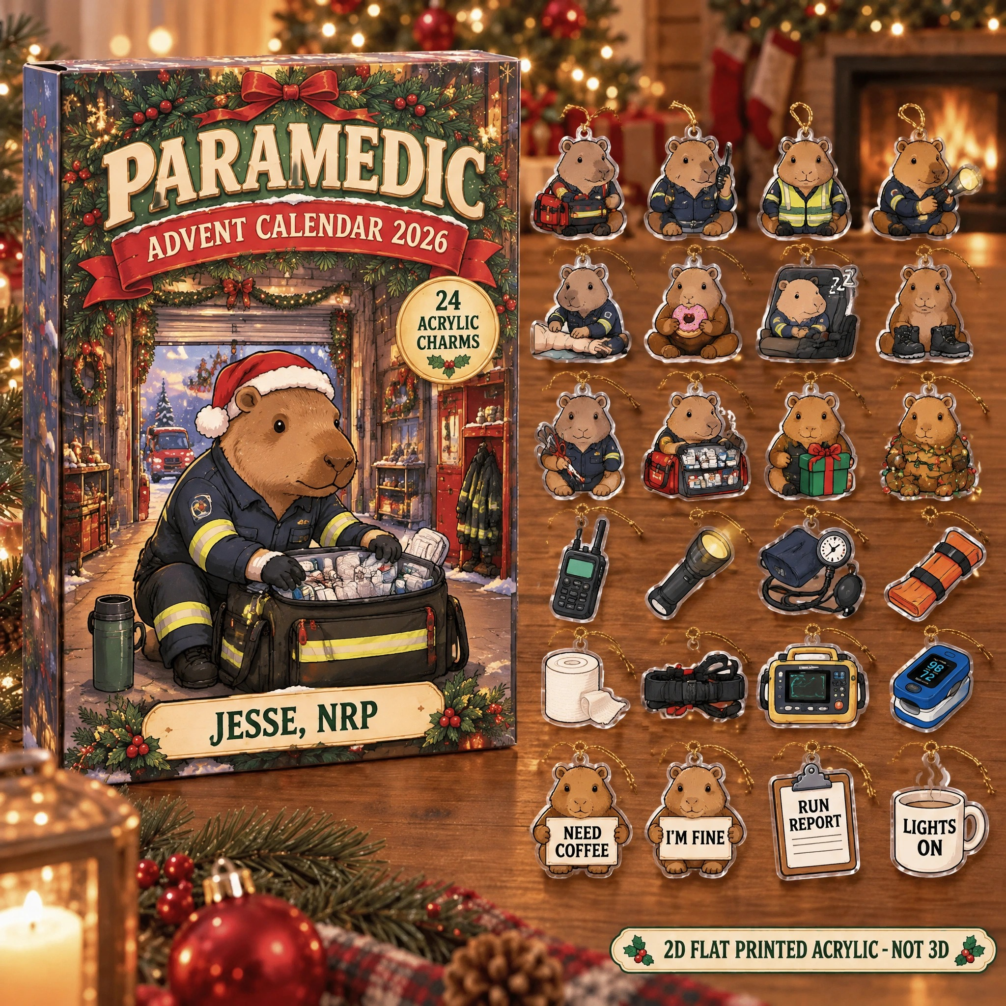 Personalized Paramedic Capybara advent calendar box with 24 flat acrylic Christmas charms