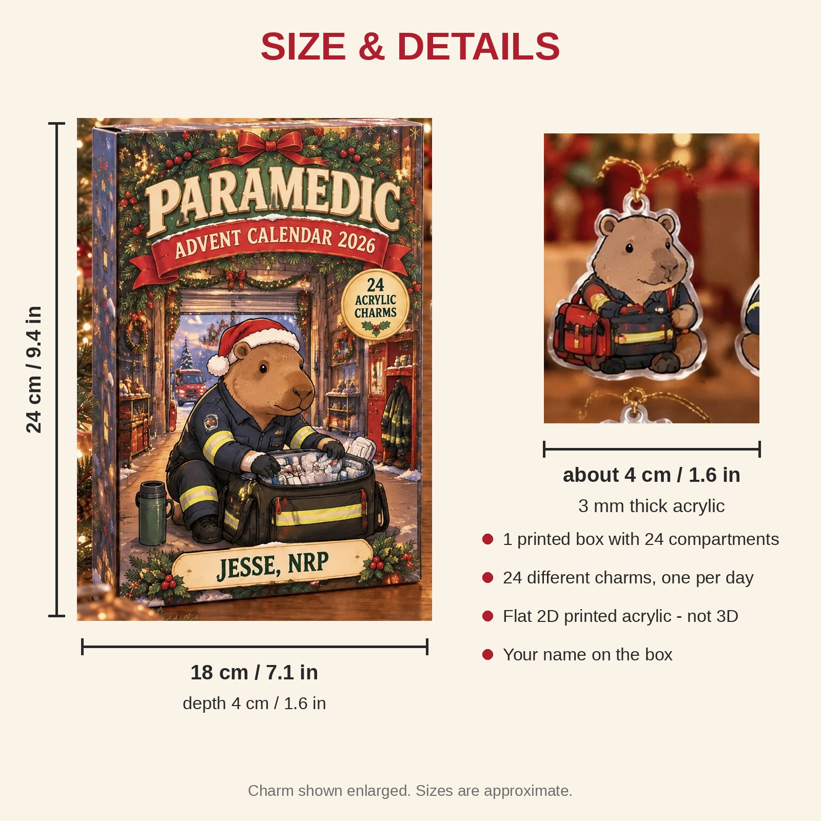 Personalized Paramedic Capybara advent calendar box with 24 flat acrylic Christmas charms: box and charm sizes