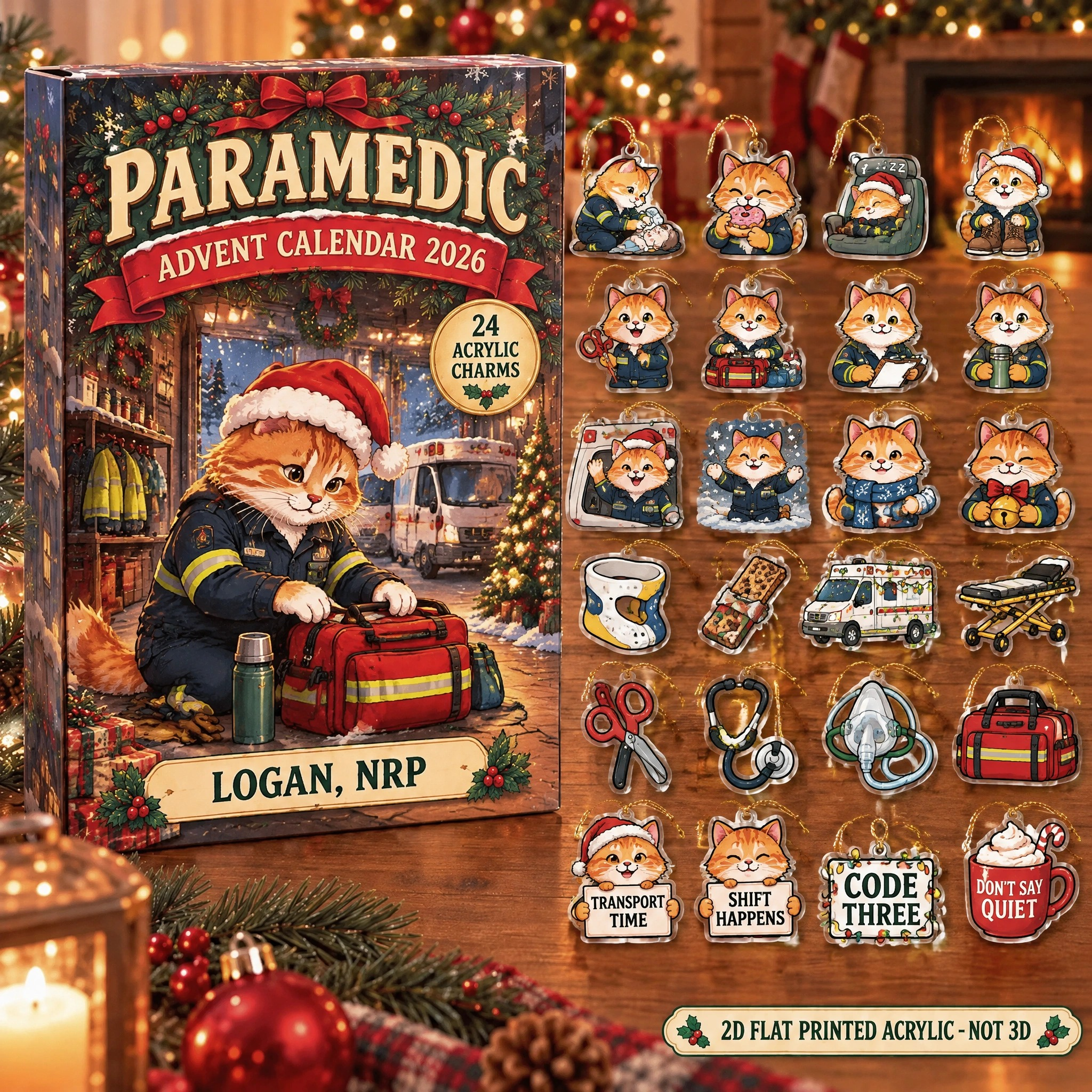 Personalized Paramedic Cat advent calendar box with 24 flat acrylic Christmas charms