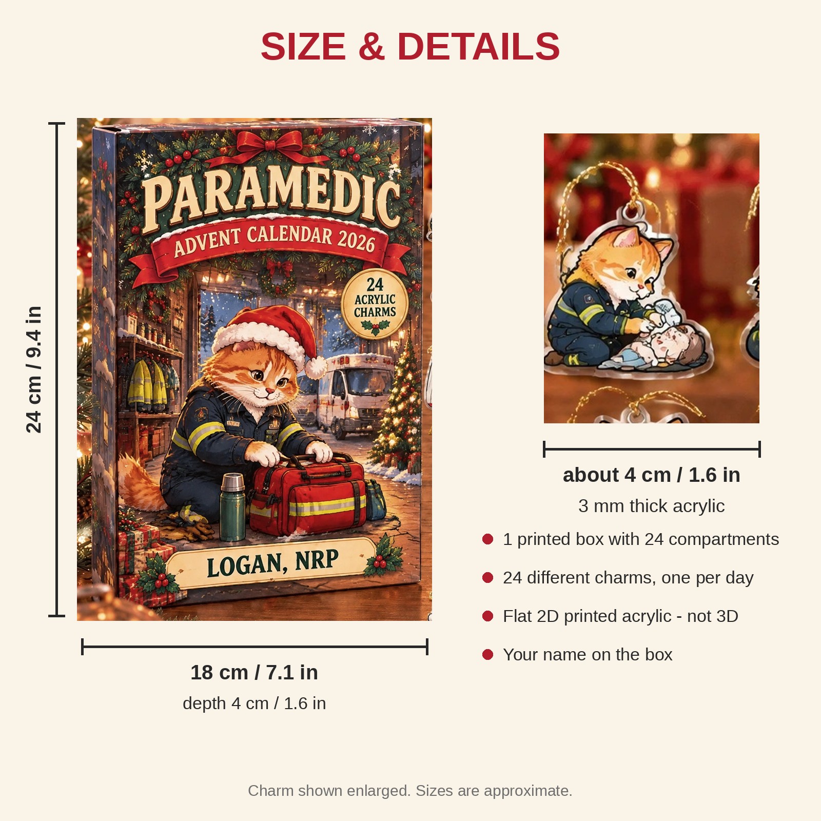 Personalized Paramedic Cat advent calendar box with 24 flat acrylic Christmas charms: box and charm sizes