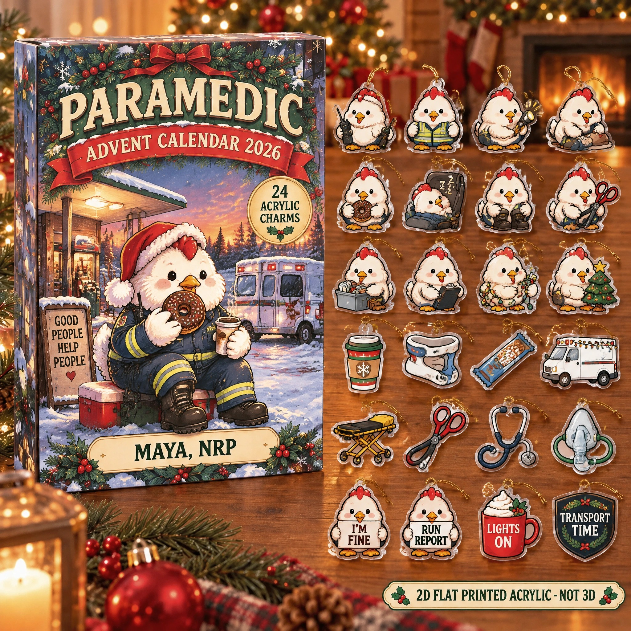 Personalized Paramedic Chicken advent calendar box with 24 flat acrylic Christmas charms