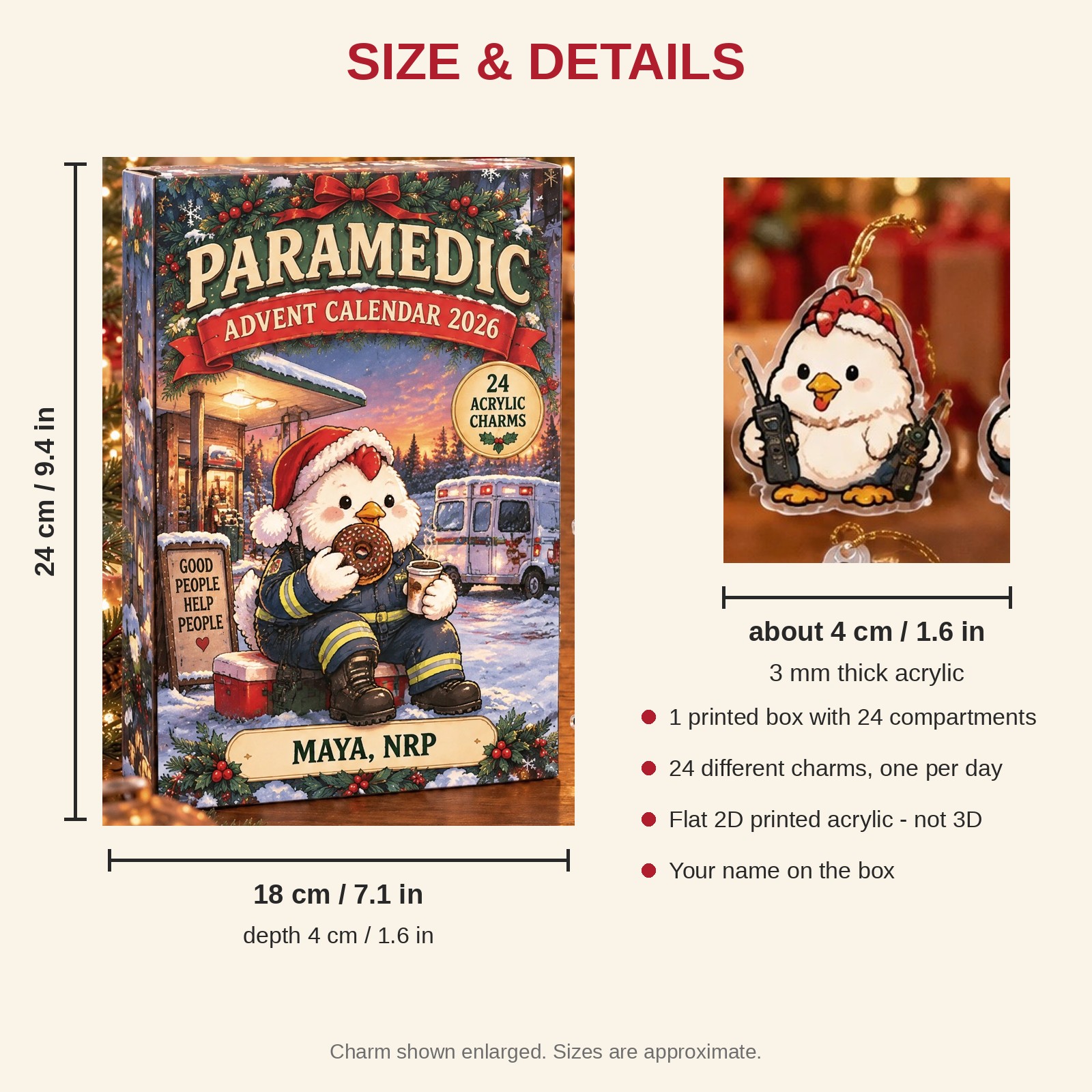 Personalized Paramedic Chicken advent calendar box with 24 flat acrylic Christmas charms: box and charm sizes