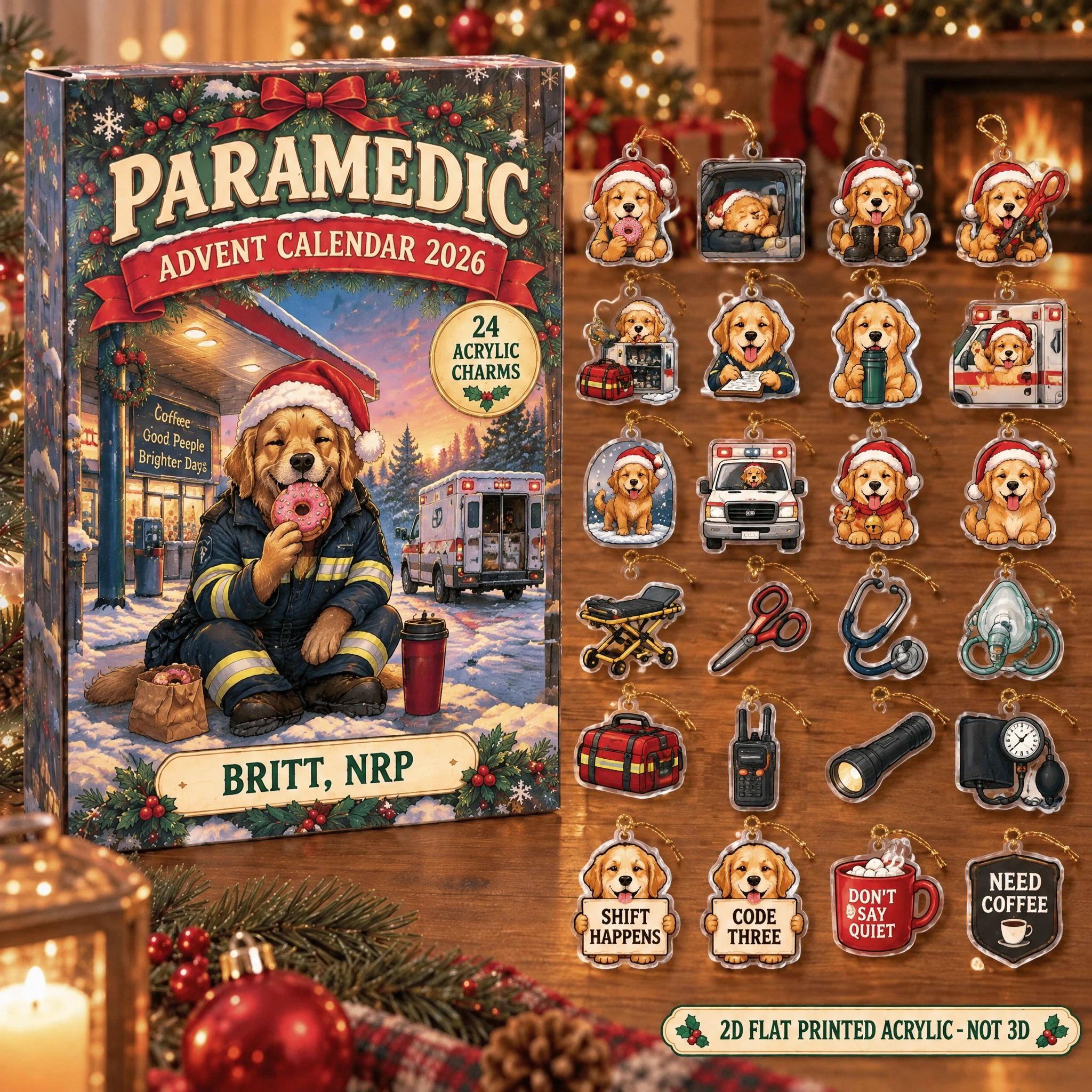 Personalized Paramedic Dog advent calendar box with 24 flat acrylic Christmas charms
