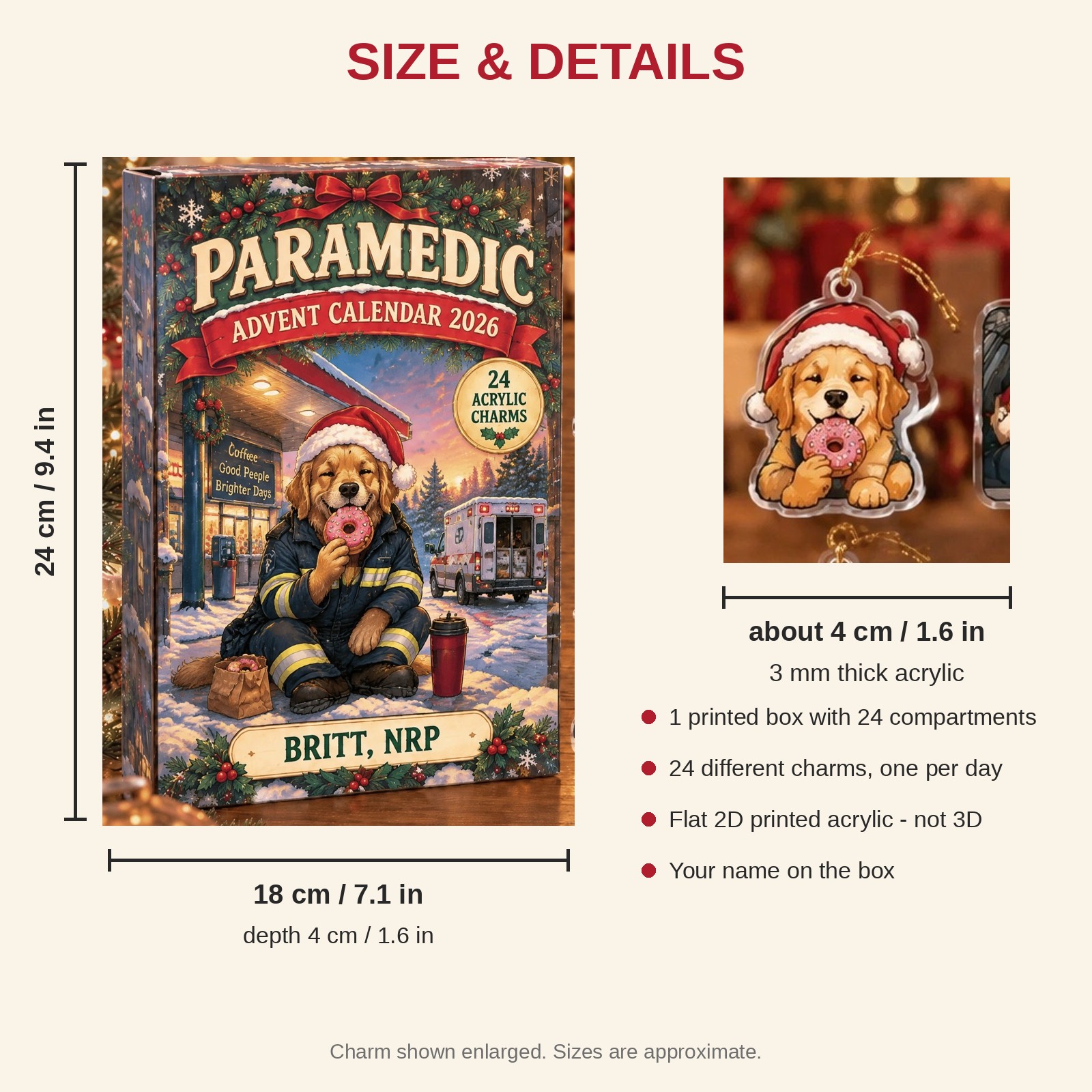 Personalized Paramedic Dog advent calendar box with 24 flat acrylic Christmas charms: box and charm sizes