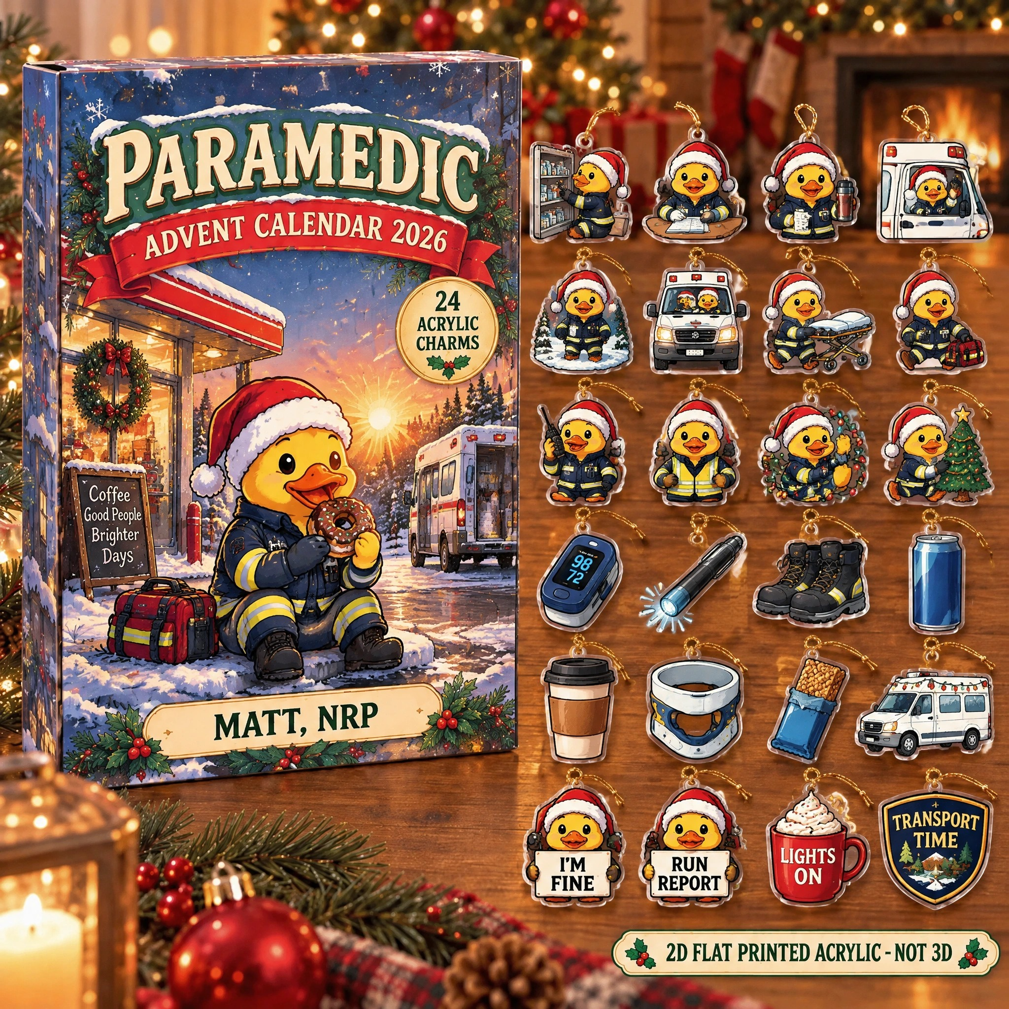 Personalized Paramedic Duck advent calendar box with 24 flat acrylic Christmas charms