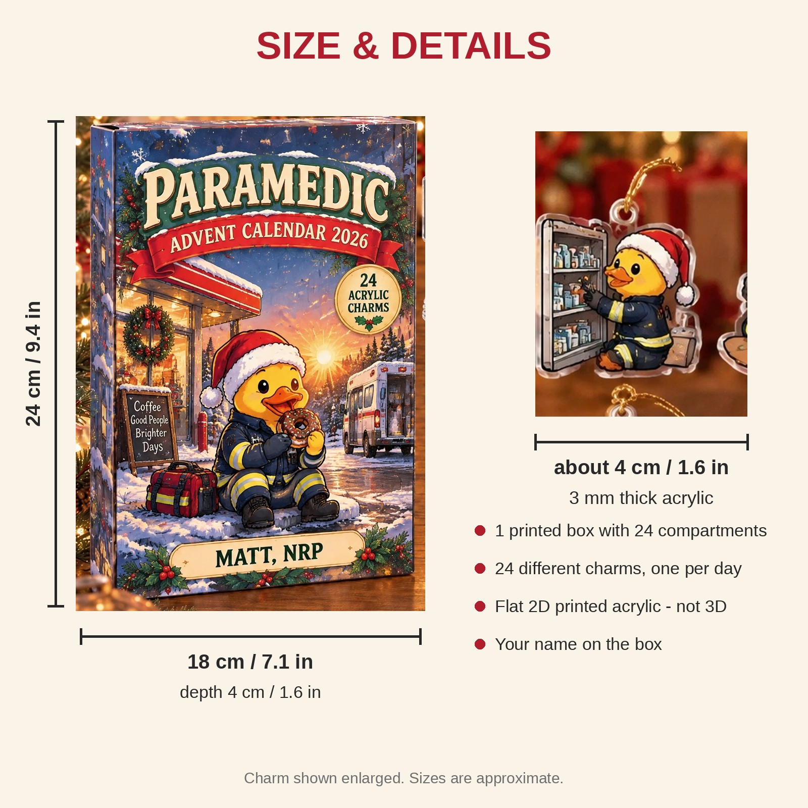 Personalized Paramedic Duck advent calendar box with 24 flat acrylic Christmas charms: box and charm sizes
