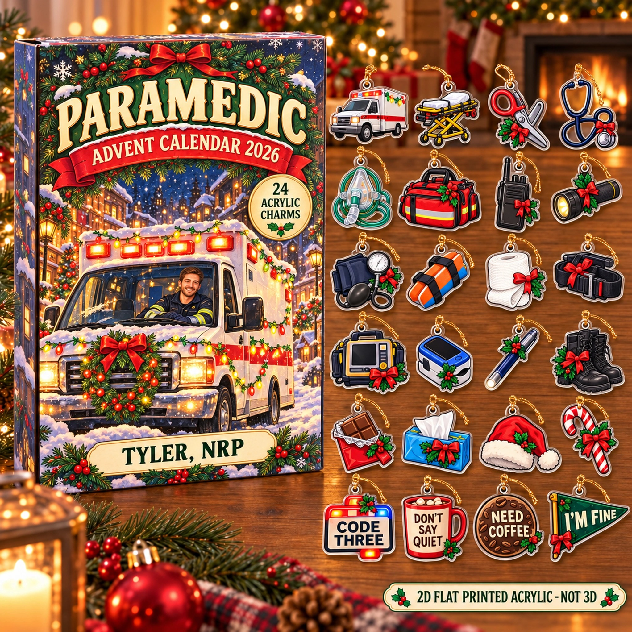 Personalized Paramedic Essentials advent calendar box with 24 flat acrylic Christmas charms