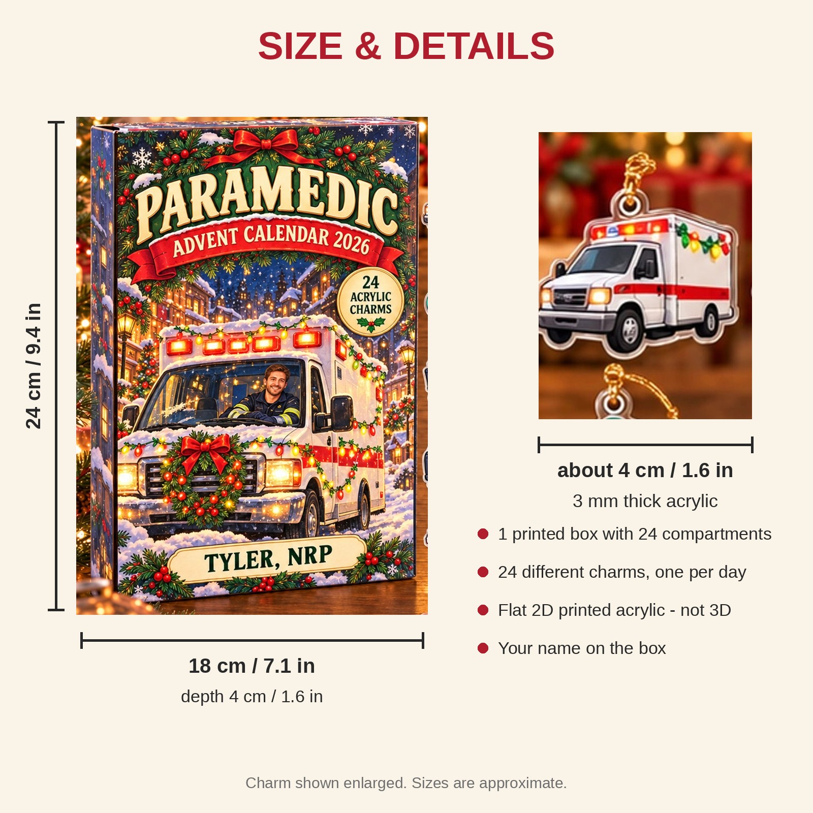 Personalized Paramedic Essentials advent calendar box with 24 flat acrylic Christmas charms: box and charm sizes