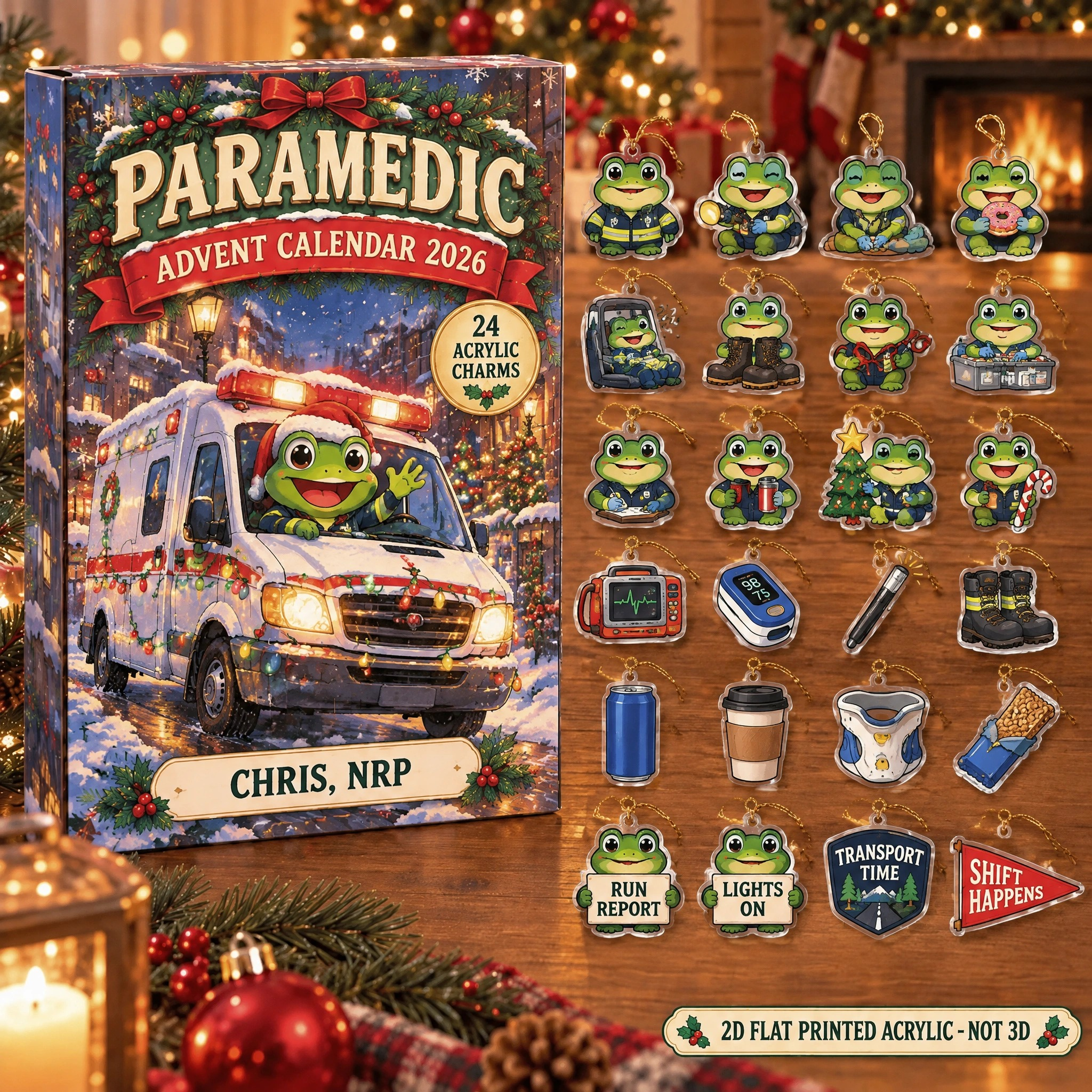 Personalized Paramedic Frog advent calendar box with 24 flat acrylic Christmas charms