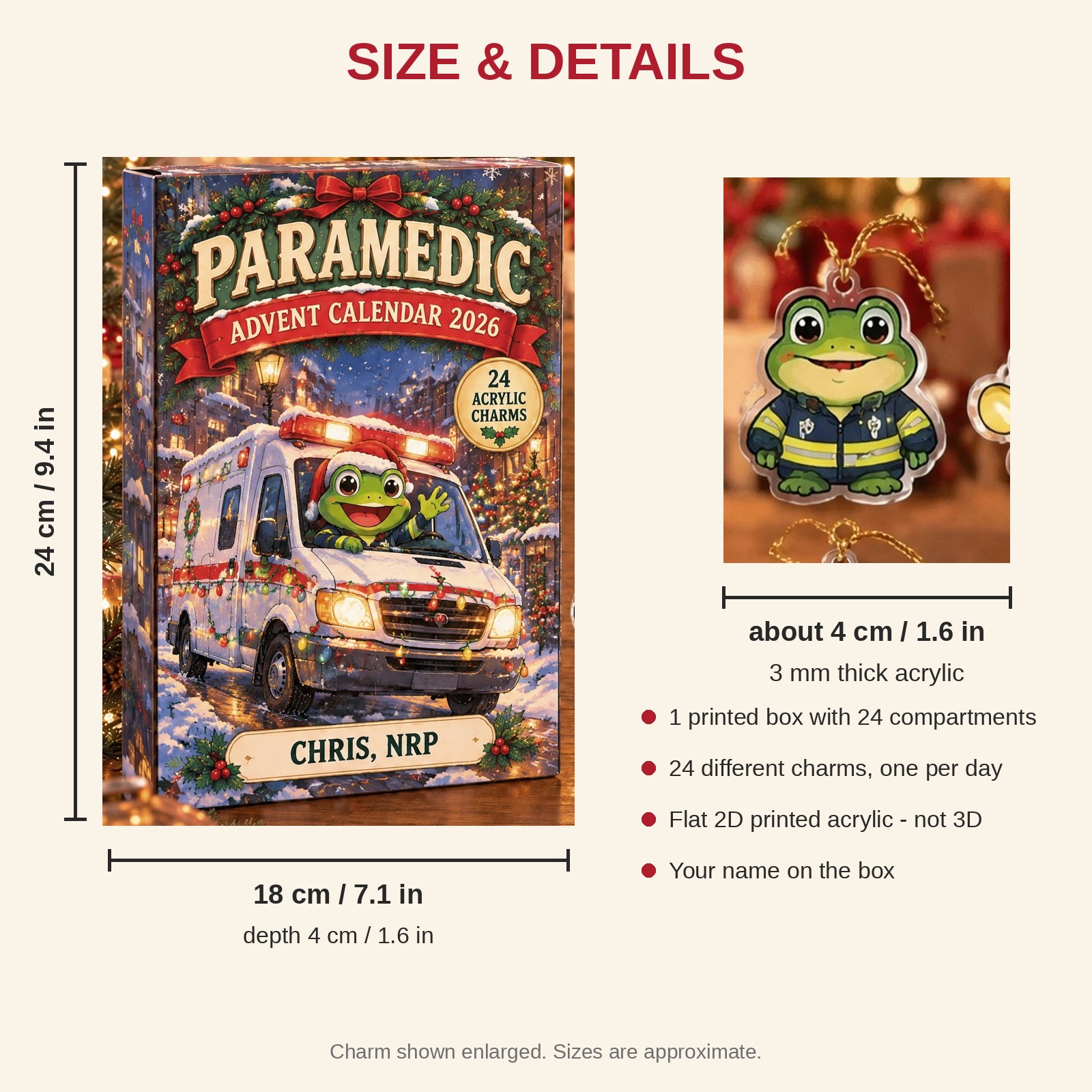 Personalized Paramedic Frog advent calendar box with 24 flat acrylic Christmas charms: box and charm sizes