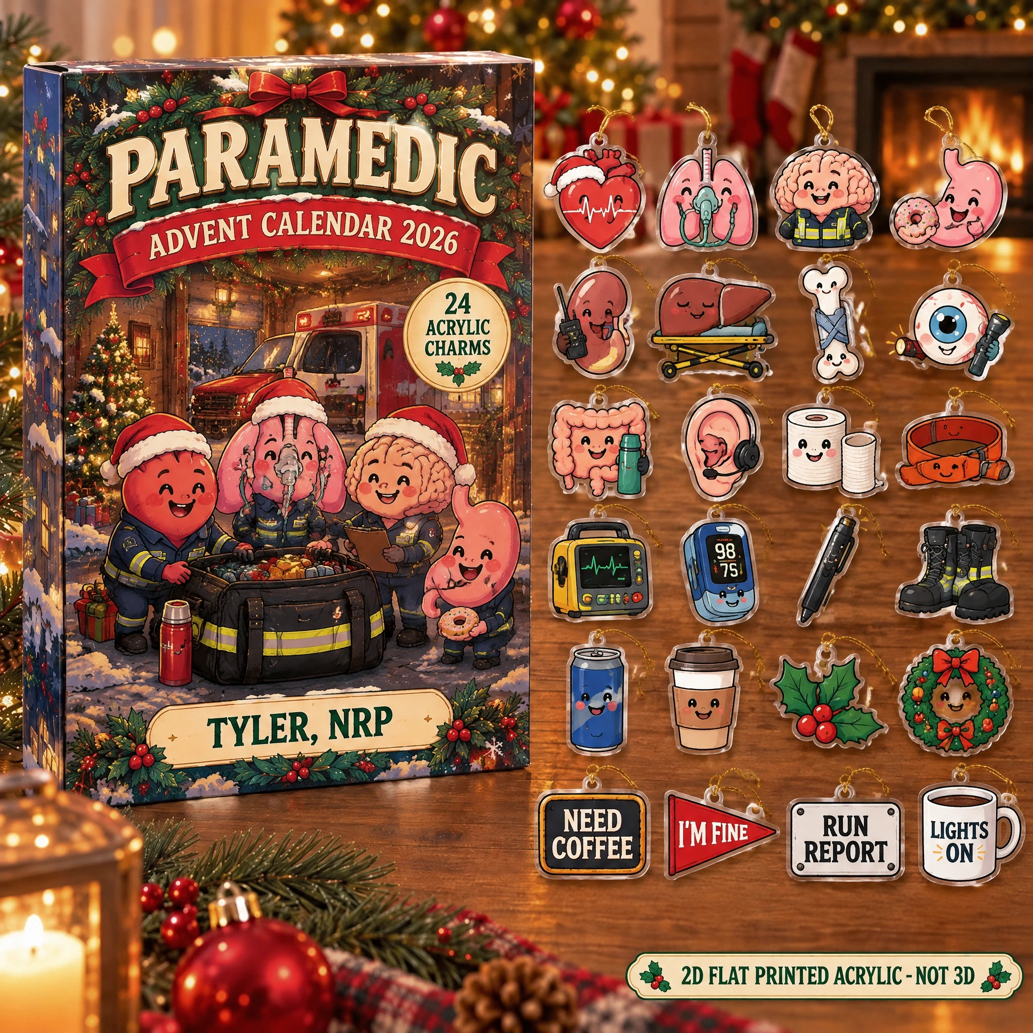 Personalized Funny Anatomy Paramedic advent calendar box with 24 flat acrylic Christmas charms