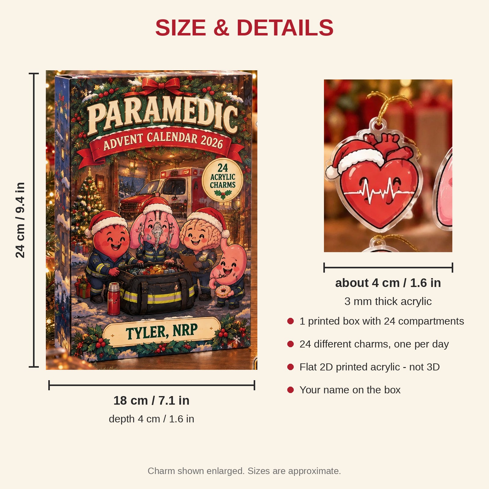 Personalized Funny Anatomy Paramedic advent calendar box with 24 flat acrylic Christmas charms: box and charm sizes