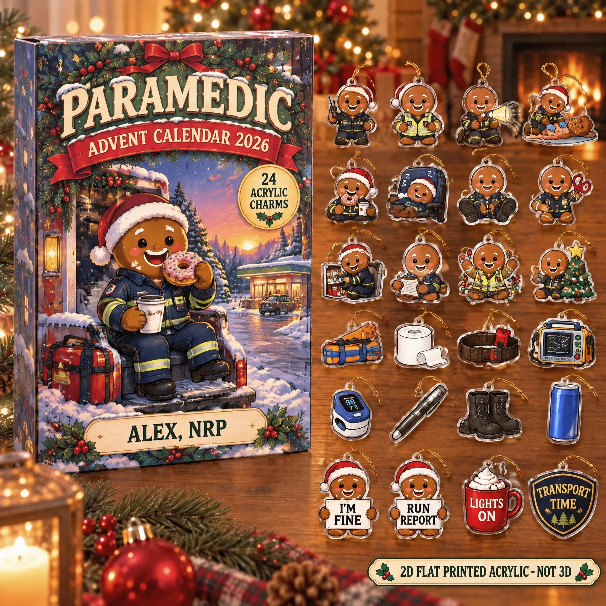 Personalized Paramedic Gingerbread advent calendar box with 24 flat acrylic Christmas charms