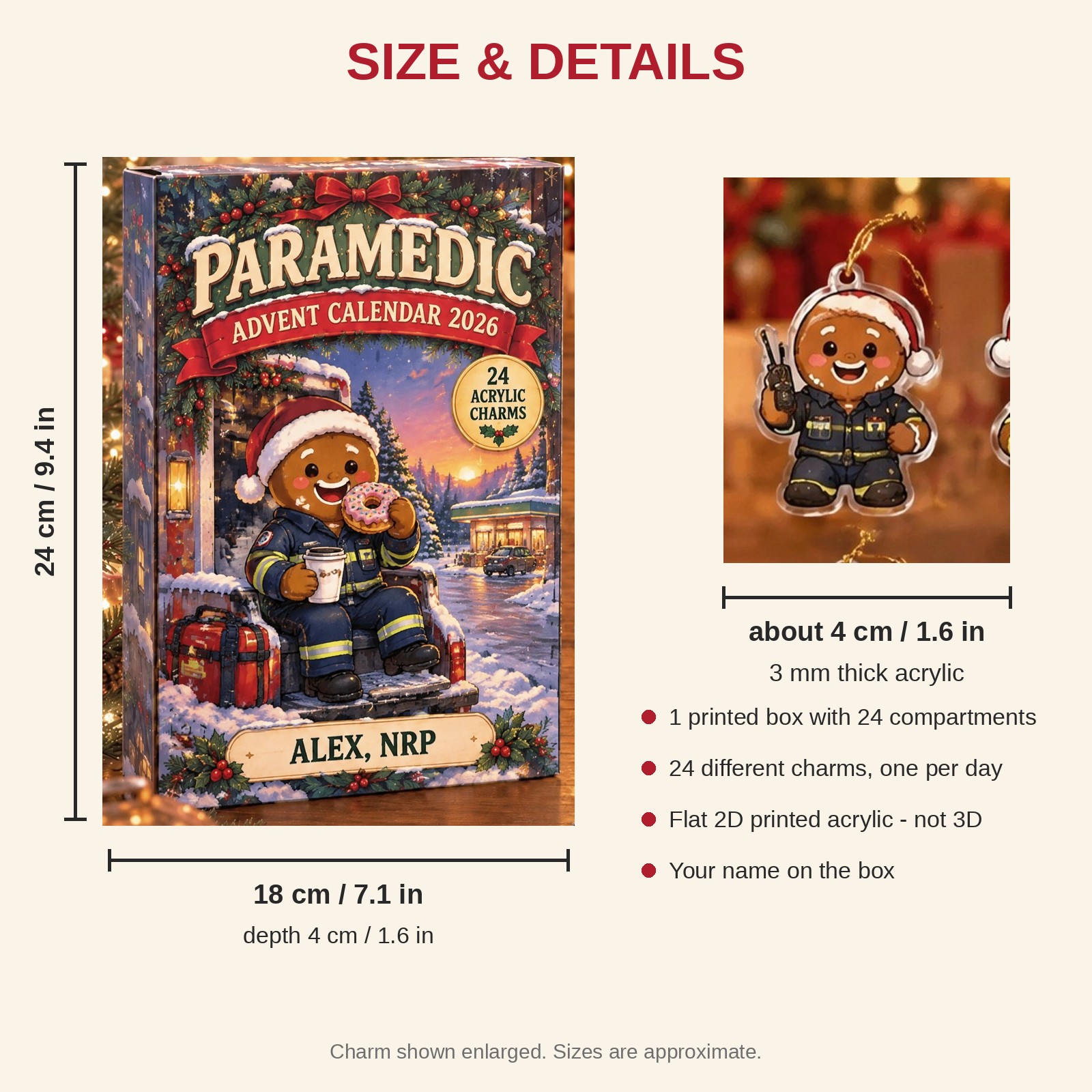 Personalized Paramedic Gingerbread advent calendar box with 24 flat acrylic Christmas charms: box and charm sizes