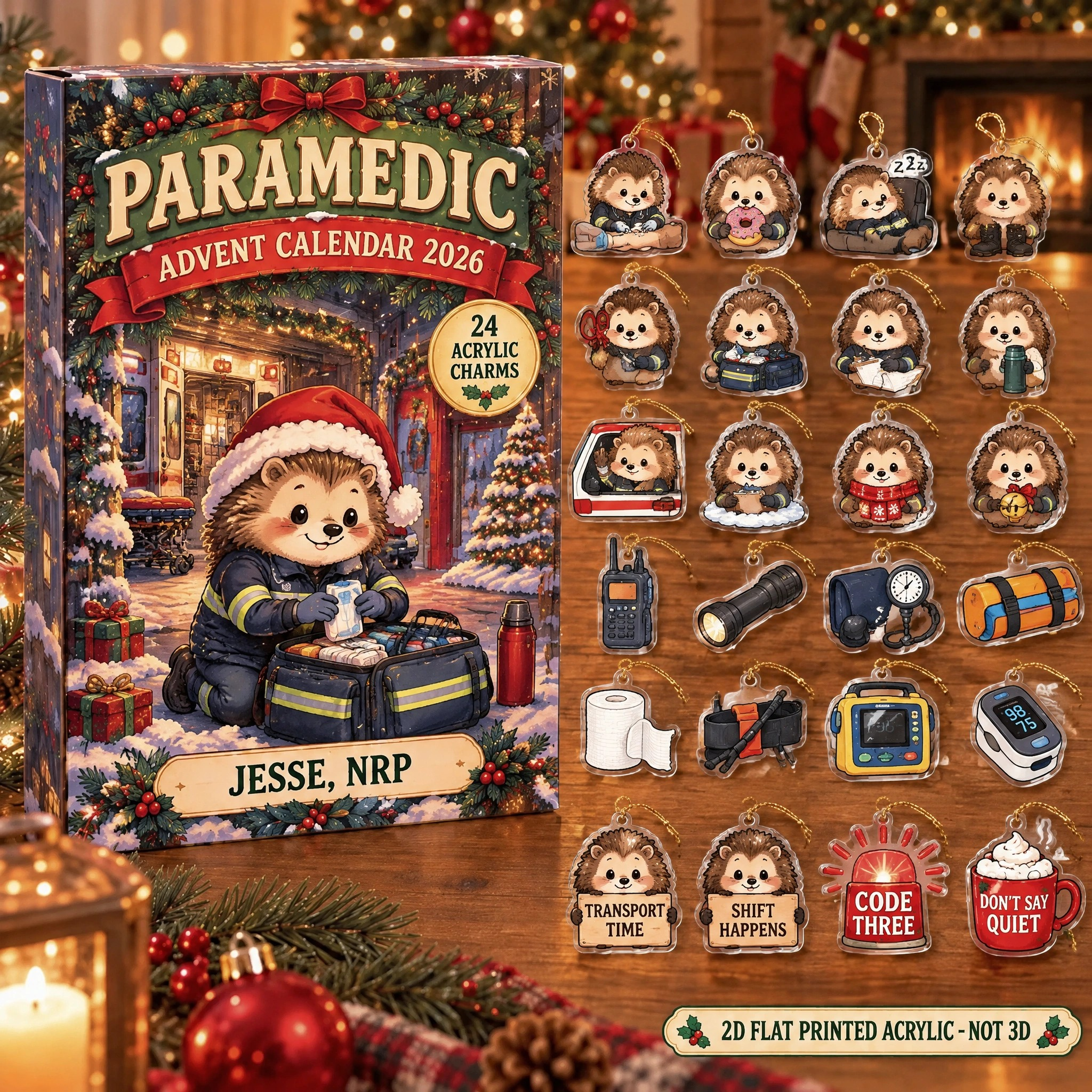 Personalized Paramedic Hedgehog advent calendar box with 24 flat acrylic Christmas charms