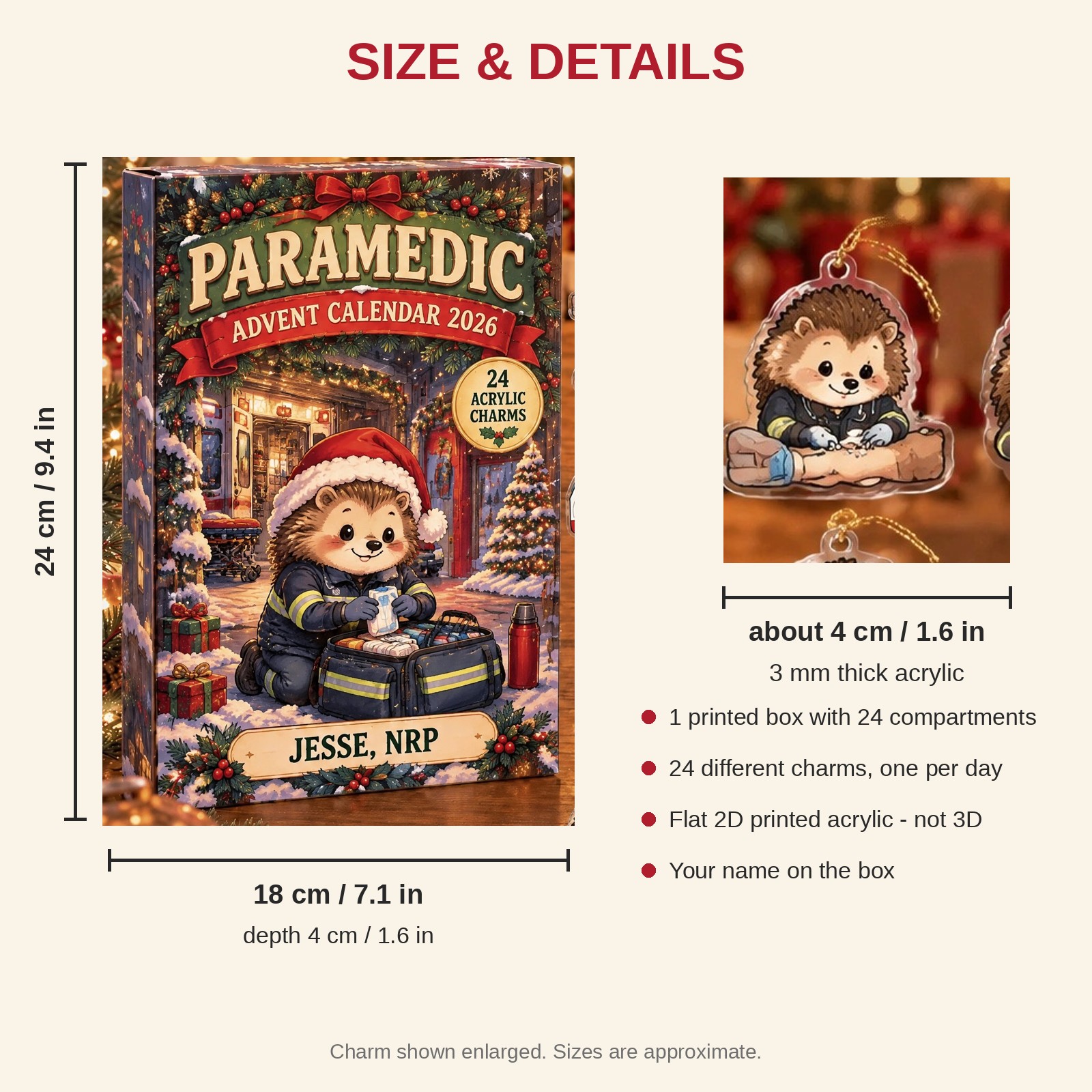 Personalized Paramedic Hedgehog advent calendar box with 24 flat acrylic Christmas charms: box and charm sizes