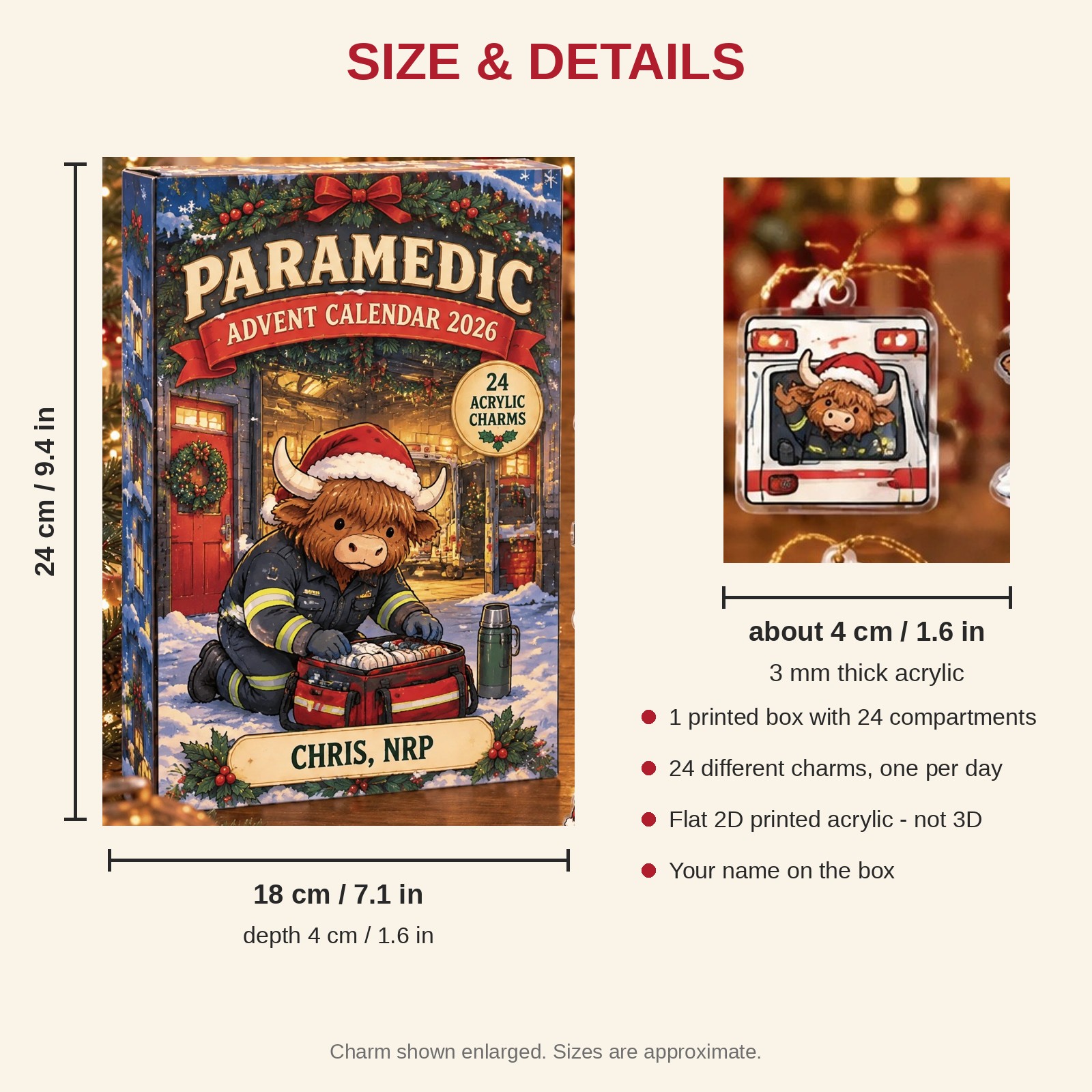 Personalized Paramedic Highland Cow advent calendar box with 24 flat acrylic Christmas charms: box and charm sizes