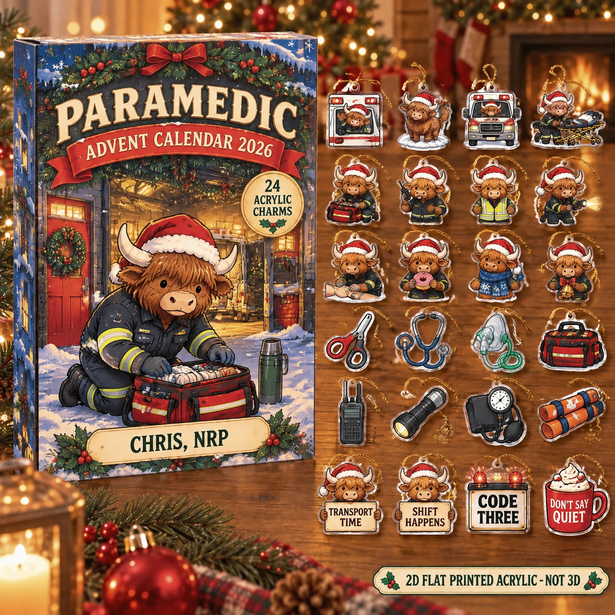 Personalized Paramedic Highland Cow advent calendar box with 24 flat acrylic Christmas charms