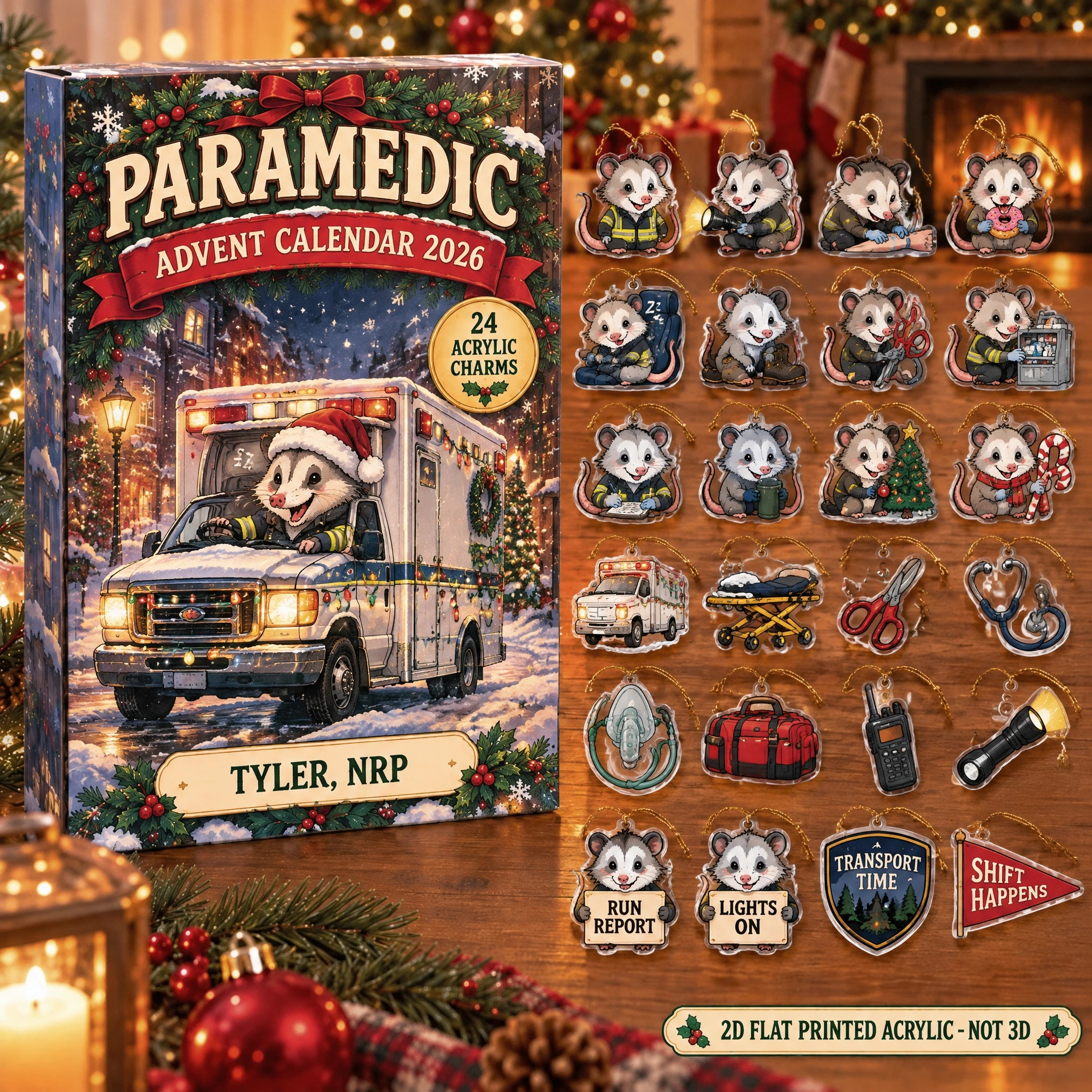 Personalized Paramedic Opossum advent calendar box with 24 flat acrylic Christmas charms