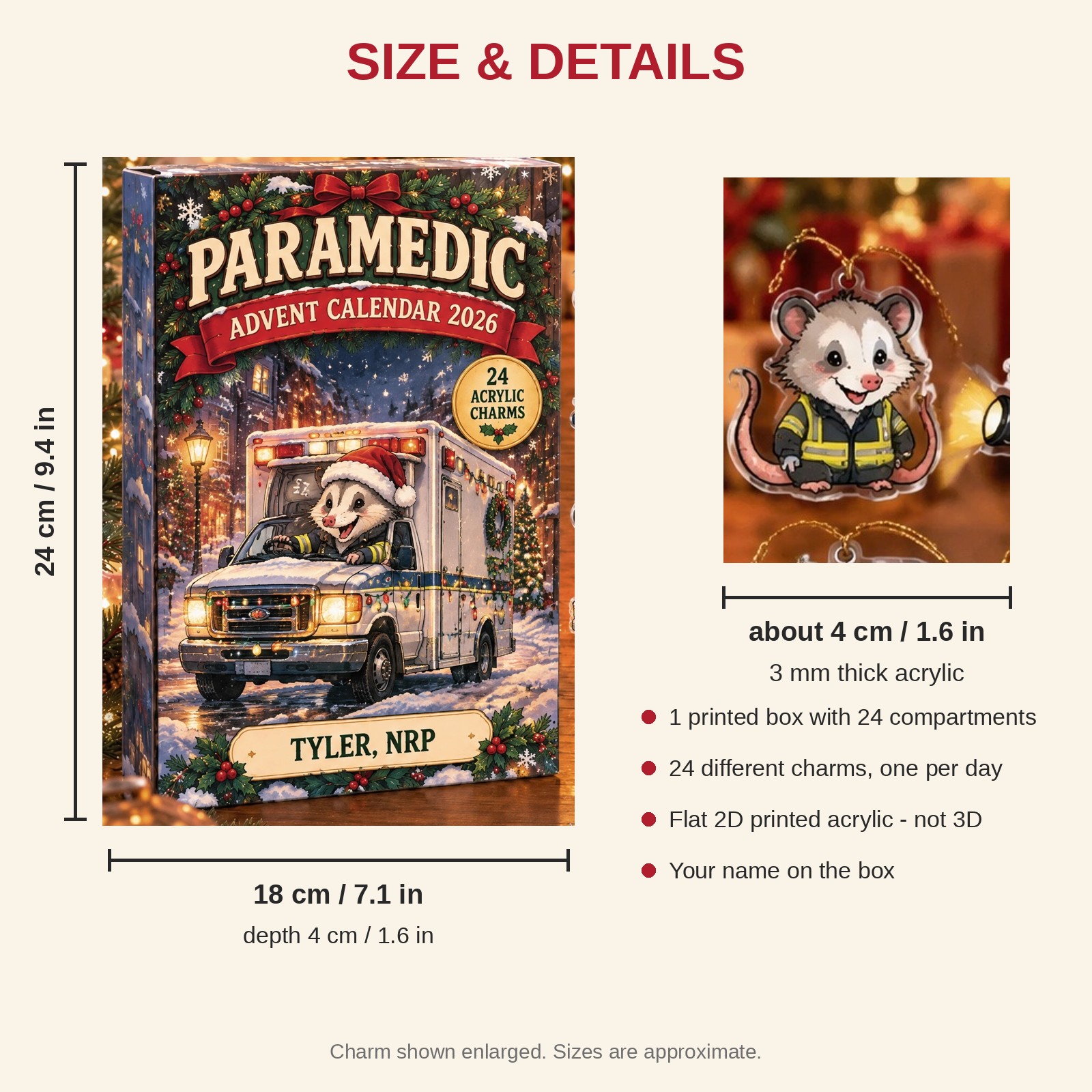 Personalized Paramedic Opossum advent calendar box with 24 flat acrylic Christmas charms: box and charm sizes