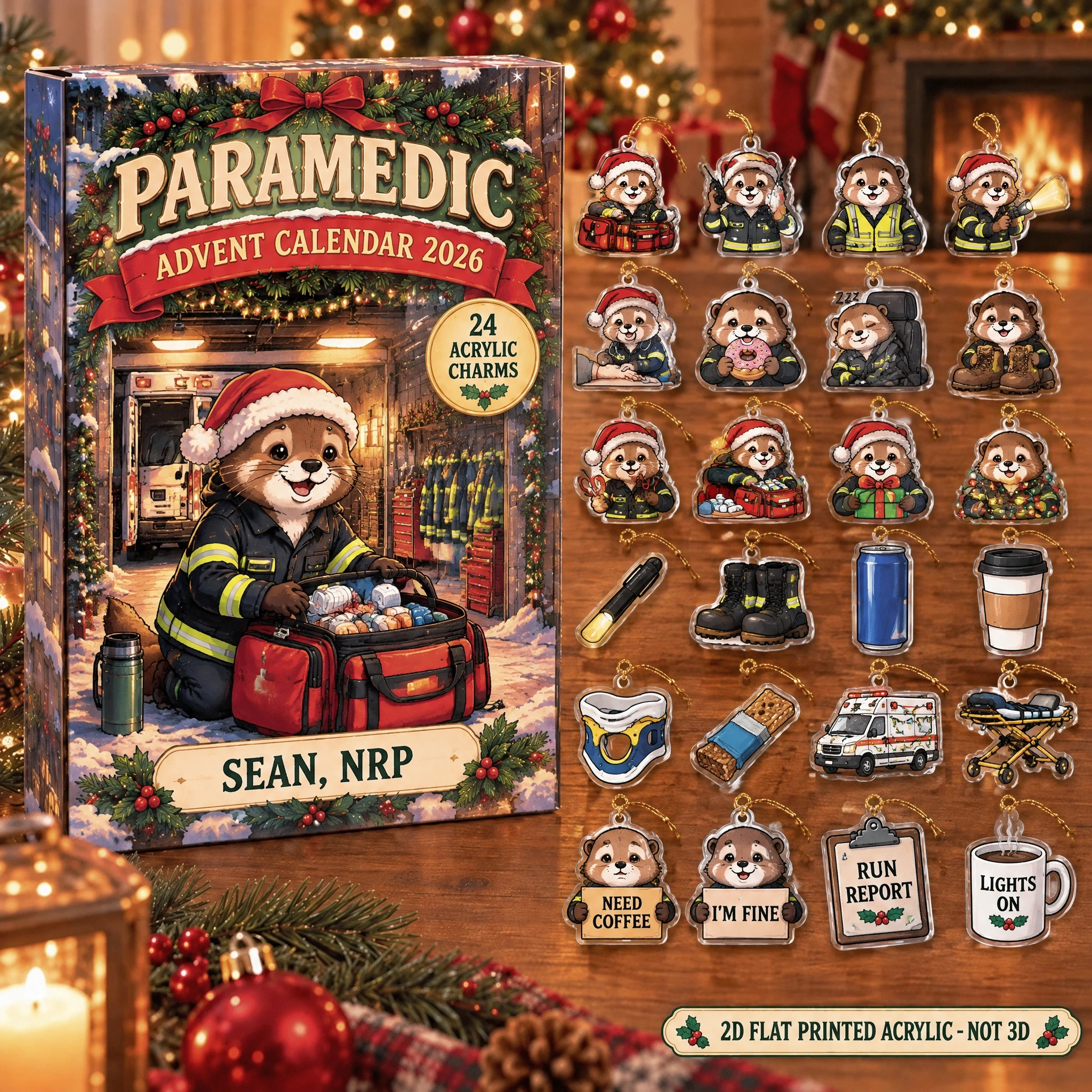 Personalized Paramedic Otter advent calendar box with 24 flat acrylic Christmas charms