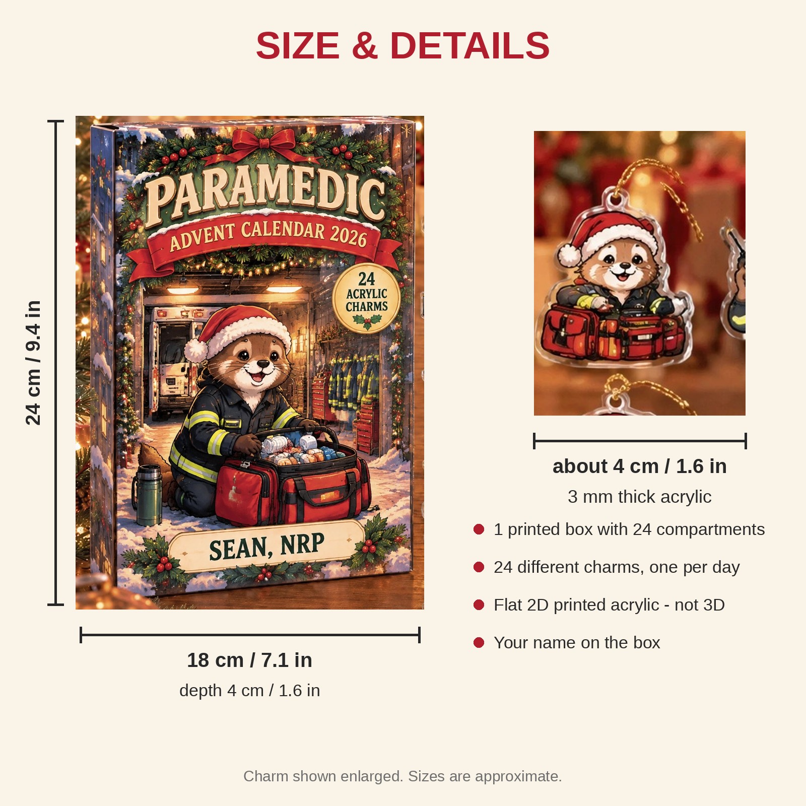 Personalized Paramedic Otter advent calendar box with 24 flat acrylic Christmas charms: box and charm sizes