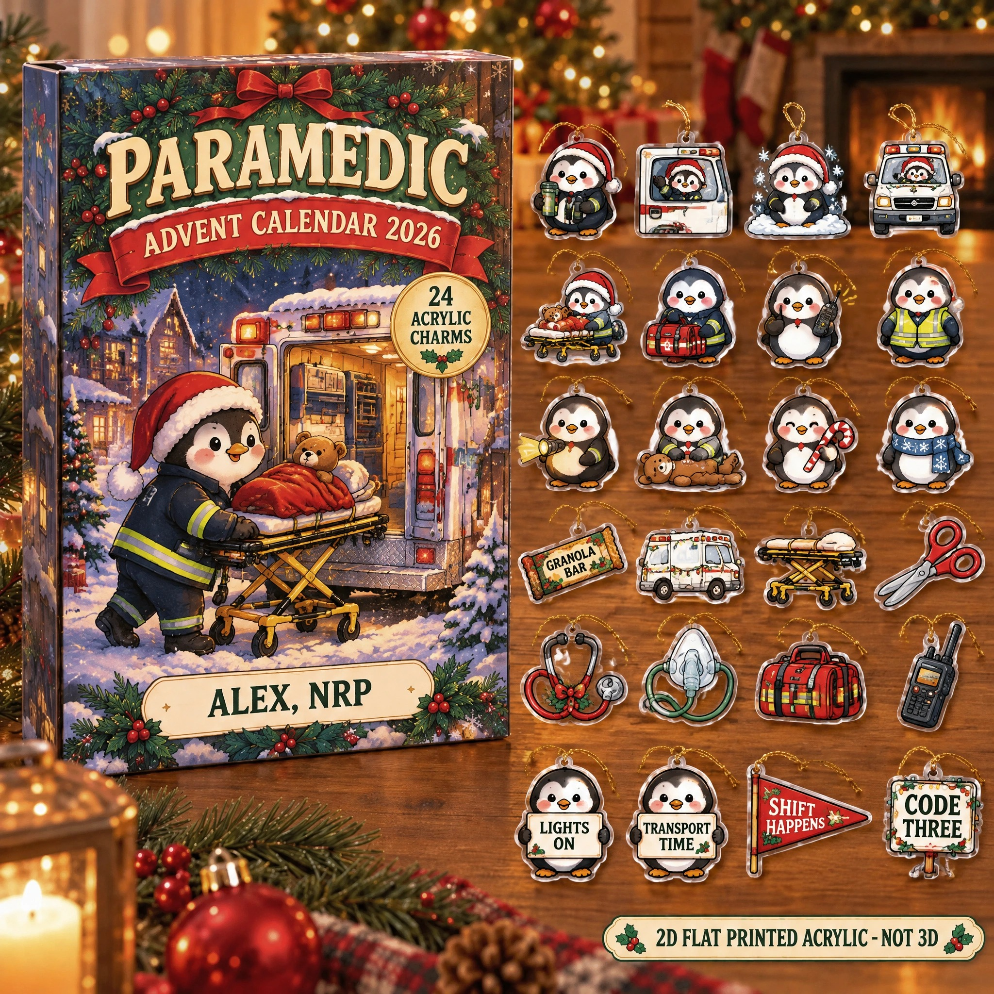 Personalized Paramedic Penguin advent calendar box with 24 flat acrylic Christmas charms