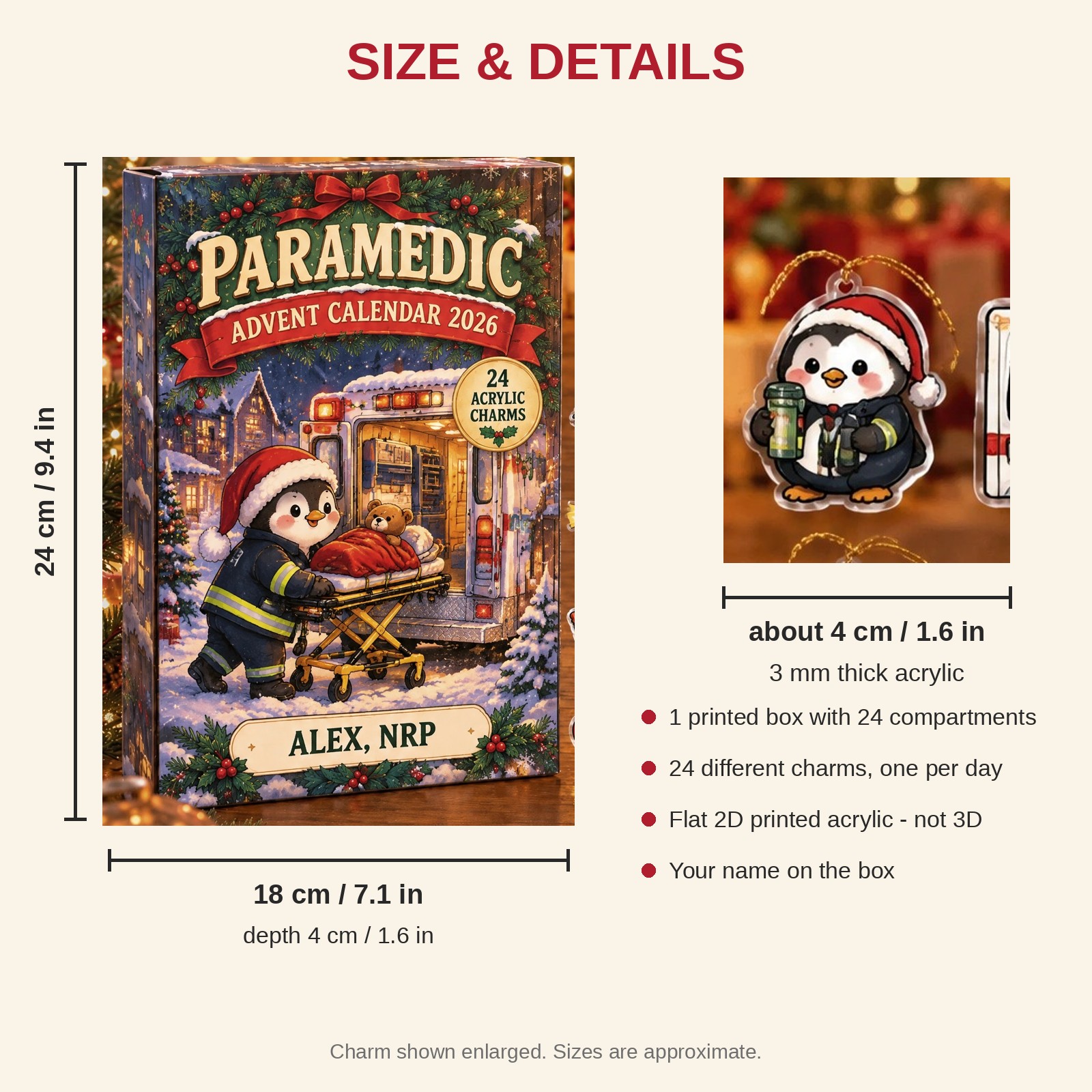 Personalized Paramedic Penguin advent calendar box with 24 flat acrylic Christmas charms: box and charm sizes