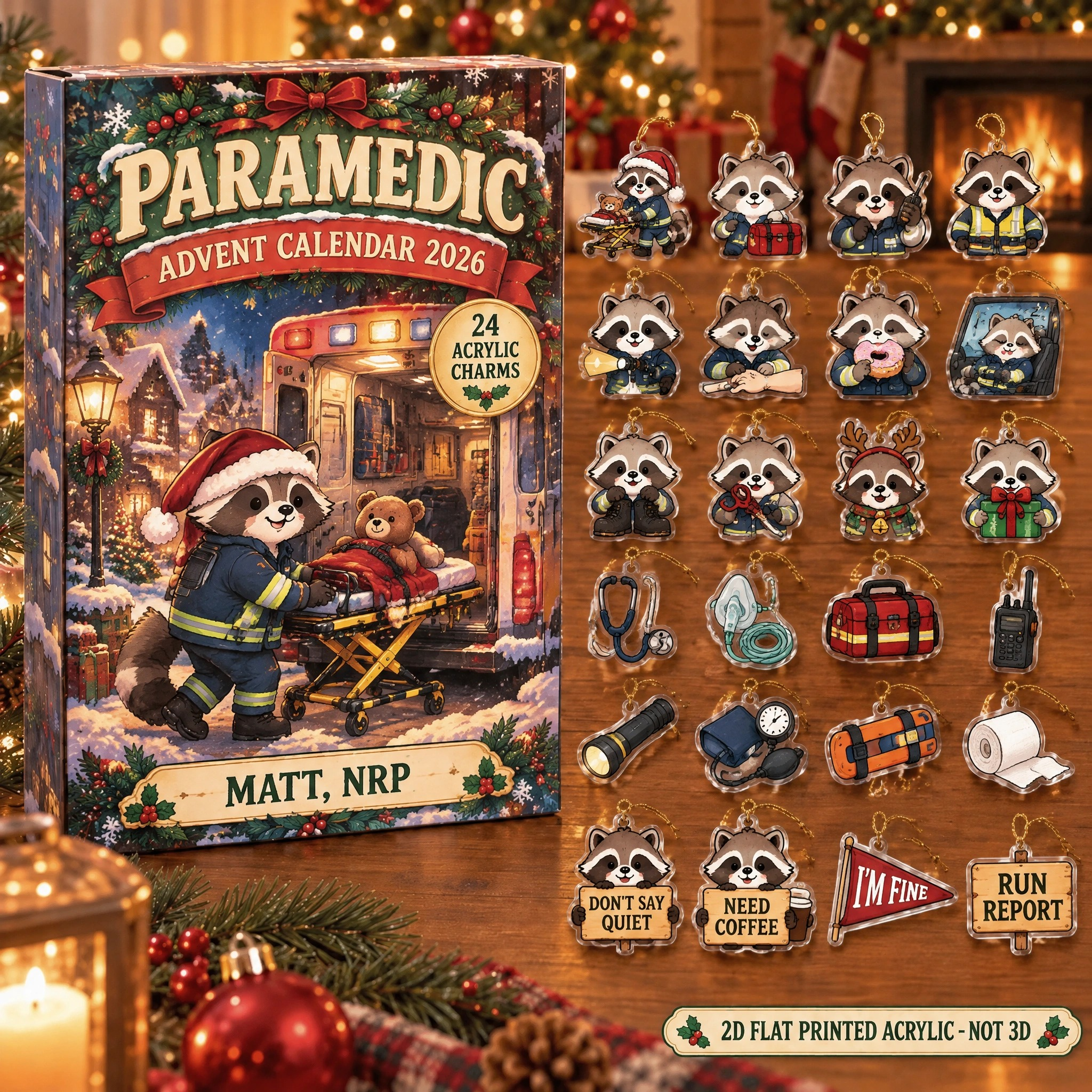 Personalized Paramedic Raccoon advent calendar box with 24 flat acrylic Christmas charms