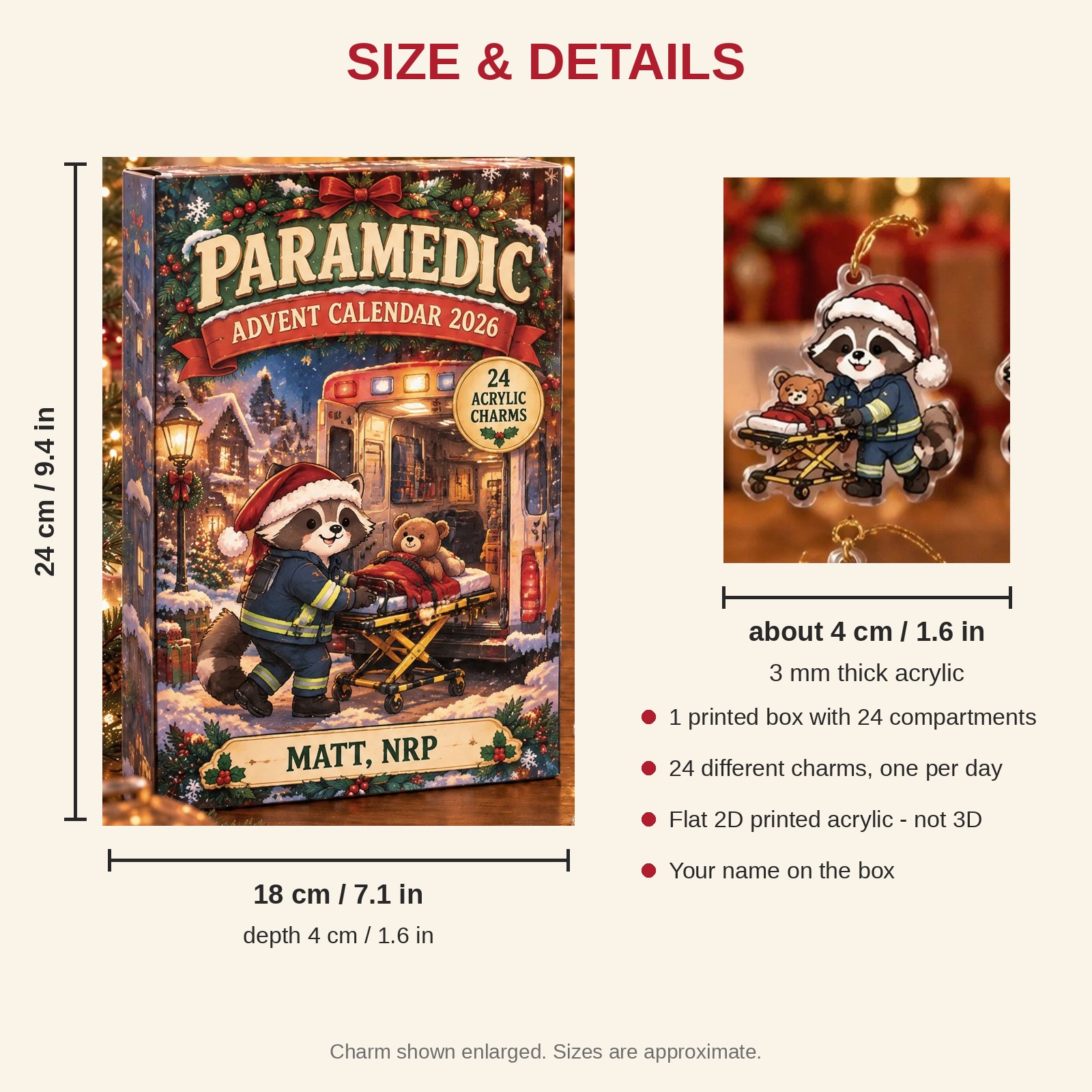 Personalized Paramedic Raccoon advent calendar box with 24 flat acrylic Christmas charms: box and charm sizes