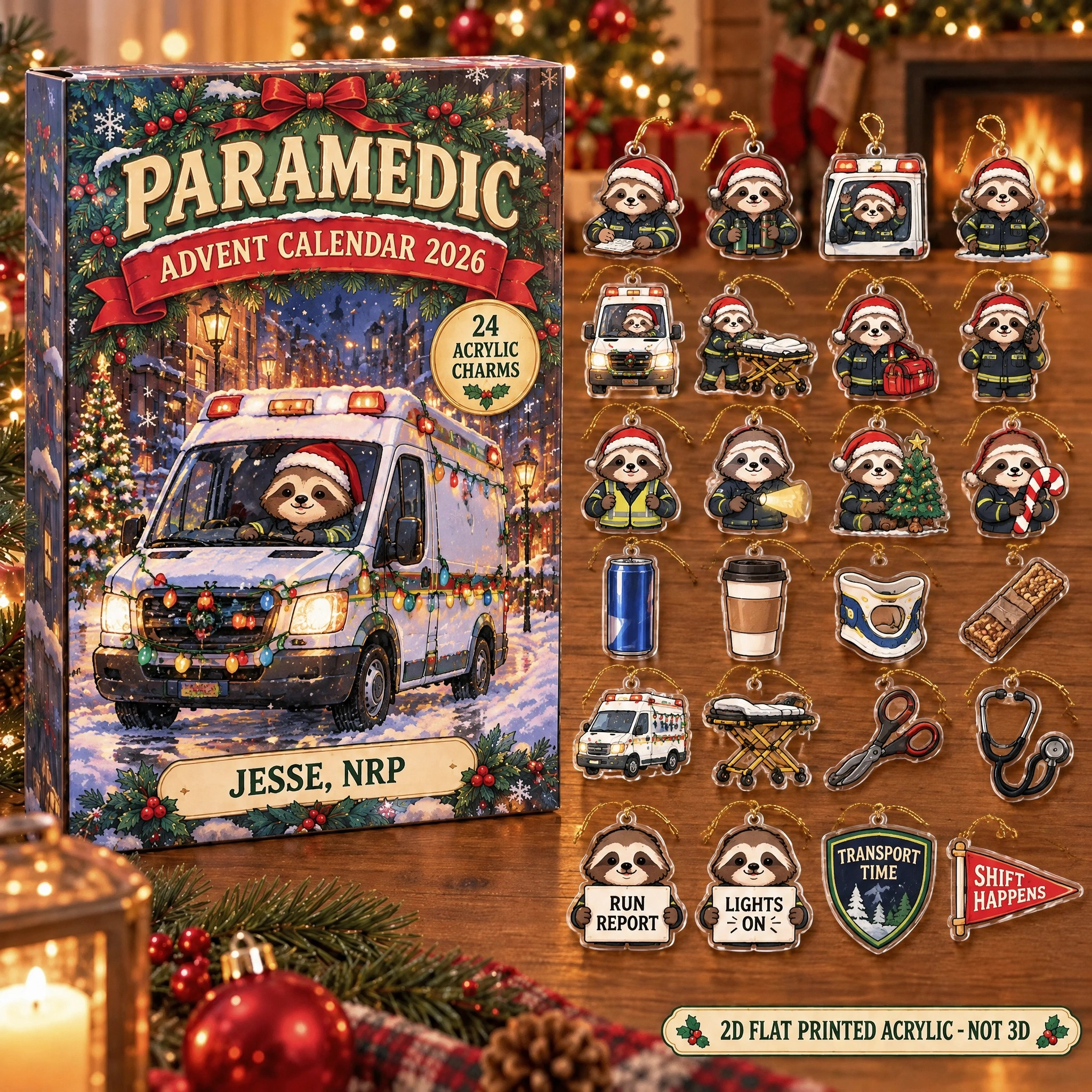 Personalized Paramedic Sloth advent calendar box with 24 flat acrylic Christmas charms