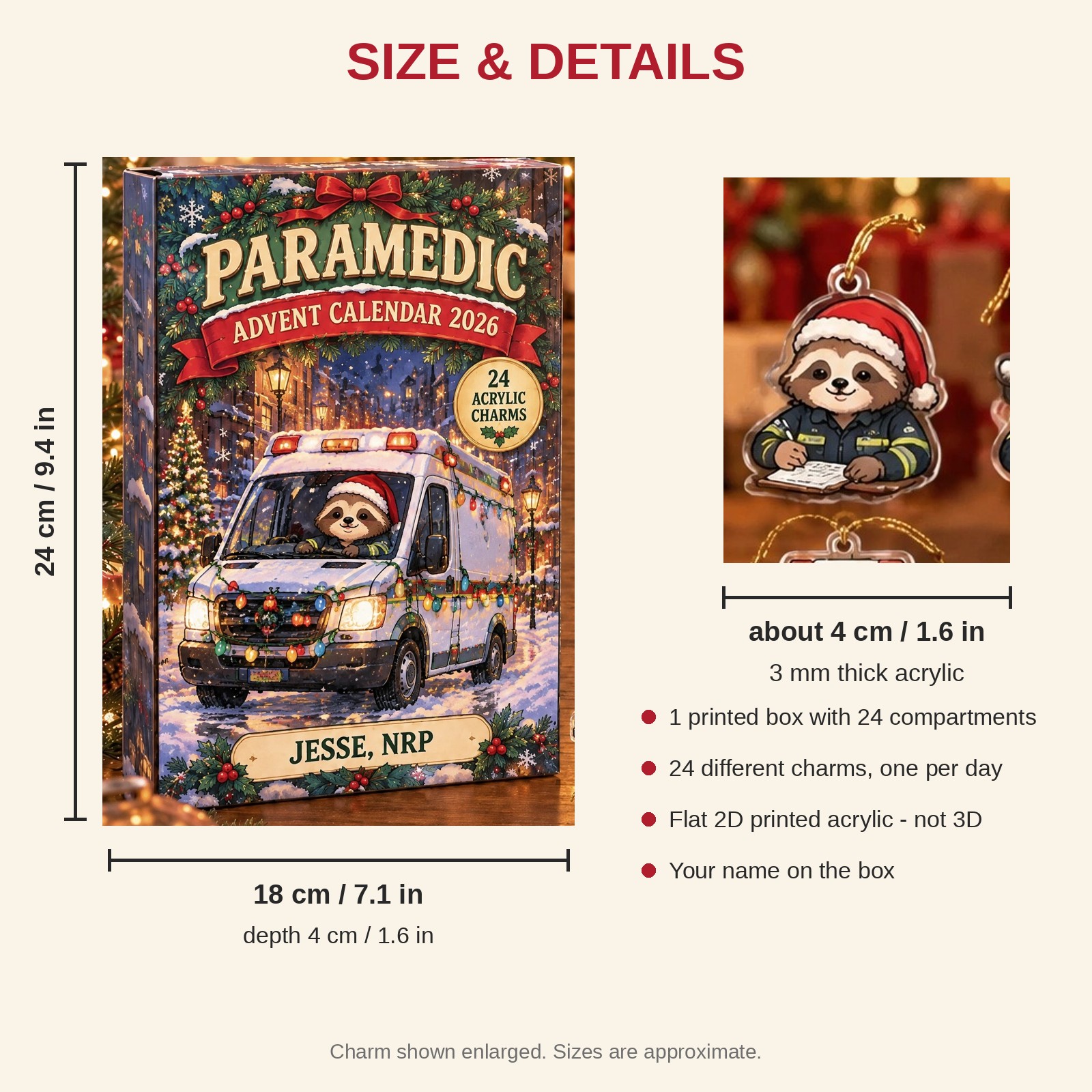 Personalized Paramedic Sloth advent calendar box with 24 flat acrylic Christmas charms: box and charm sizes