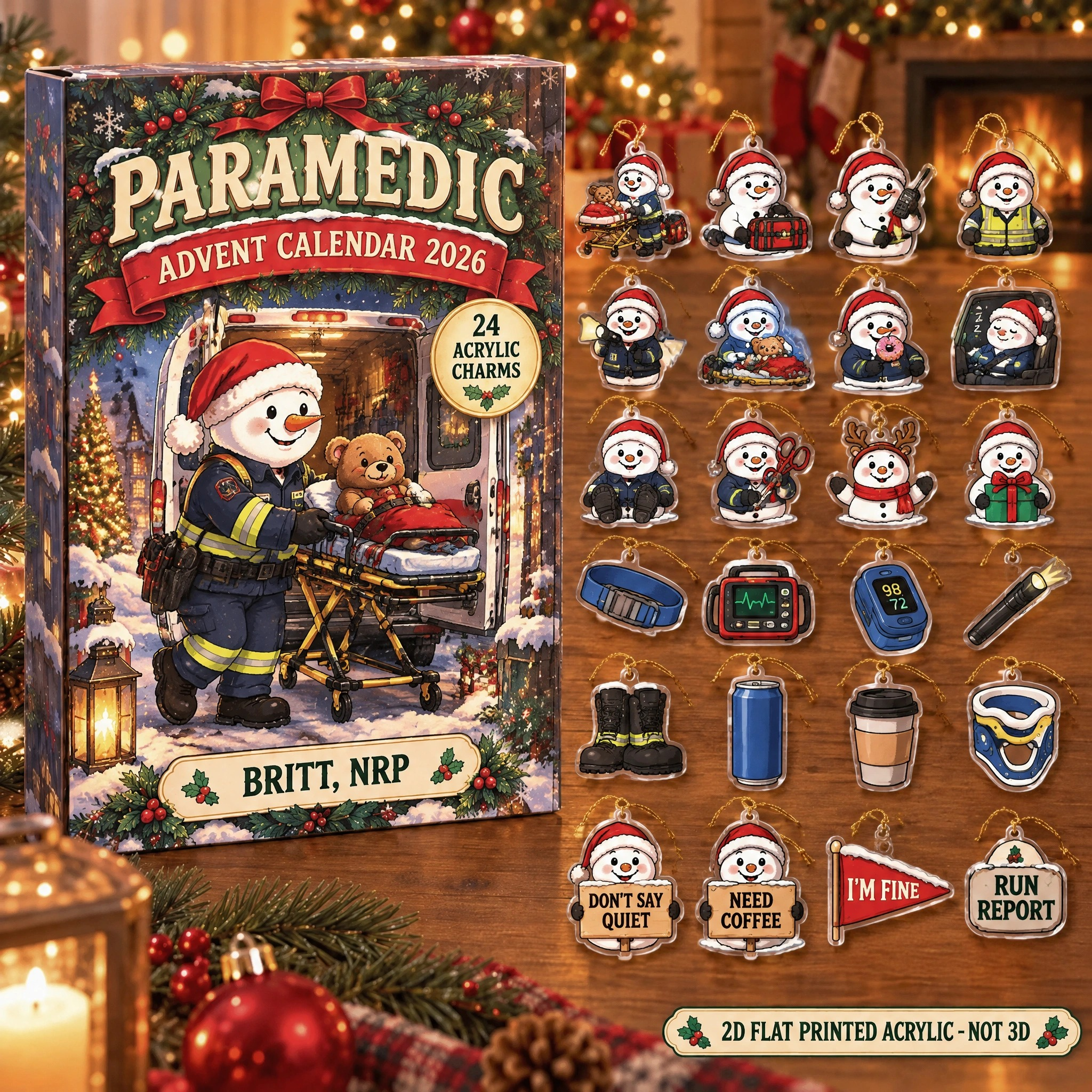 Personalized Paramedic Snowman advent calendar box with 24 flat acrylic Christmas charms