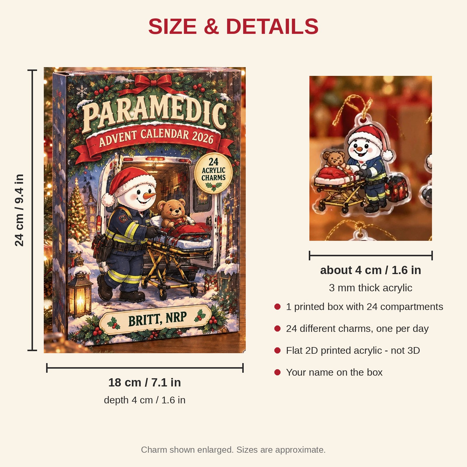 Personalized Paramedic Snowman advent calendar box with 24 flat acrylic Christmas charms: box and charm sizes
