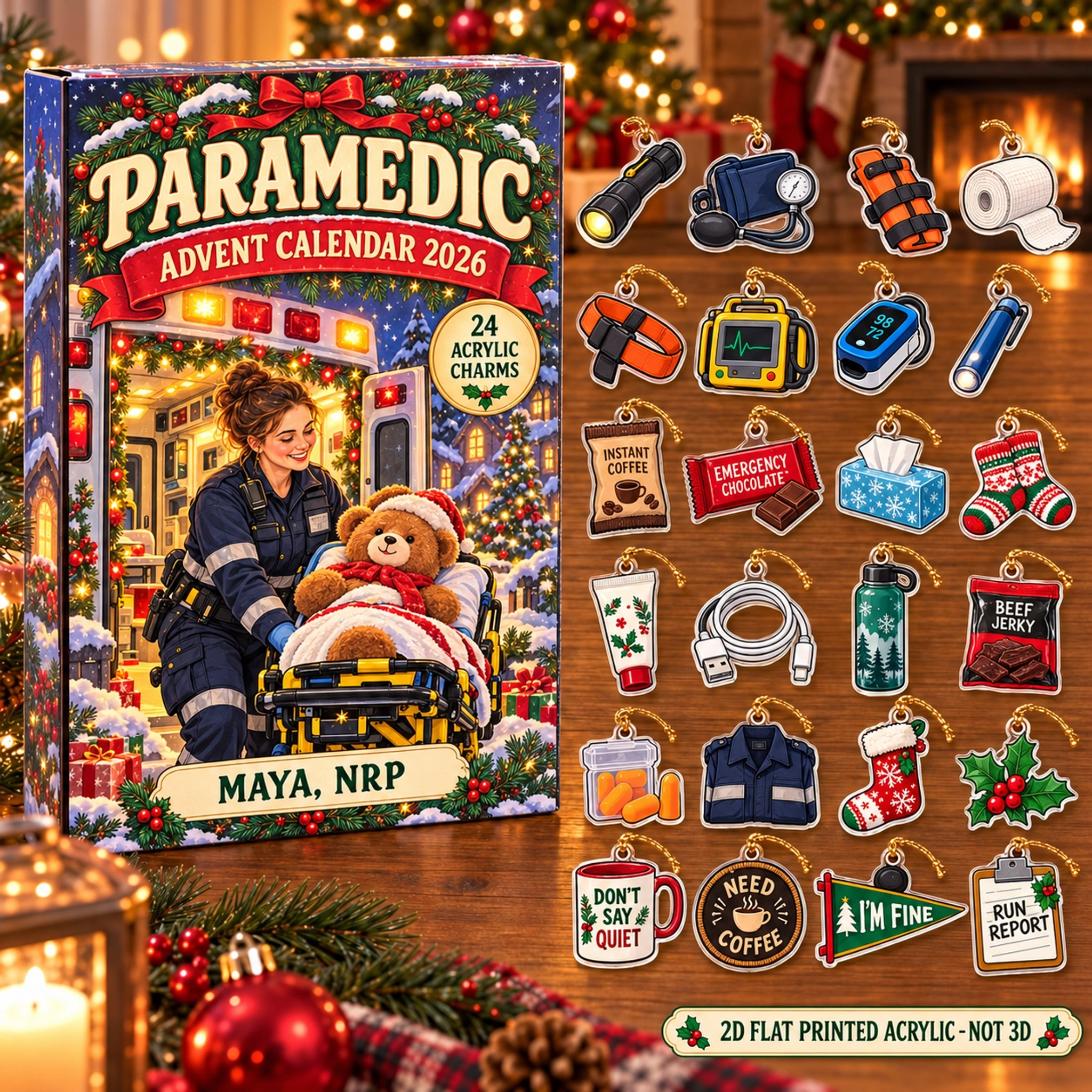 Personalized Paramedic Survival Kit advent calendar box with 24 flat acrylic Christmas charms