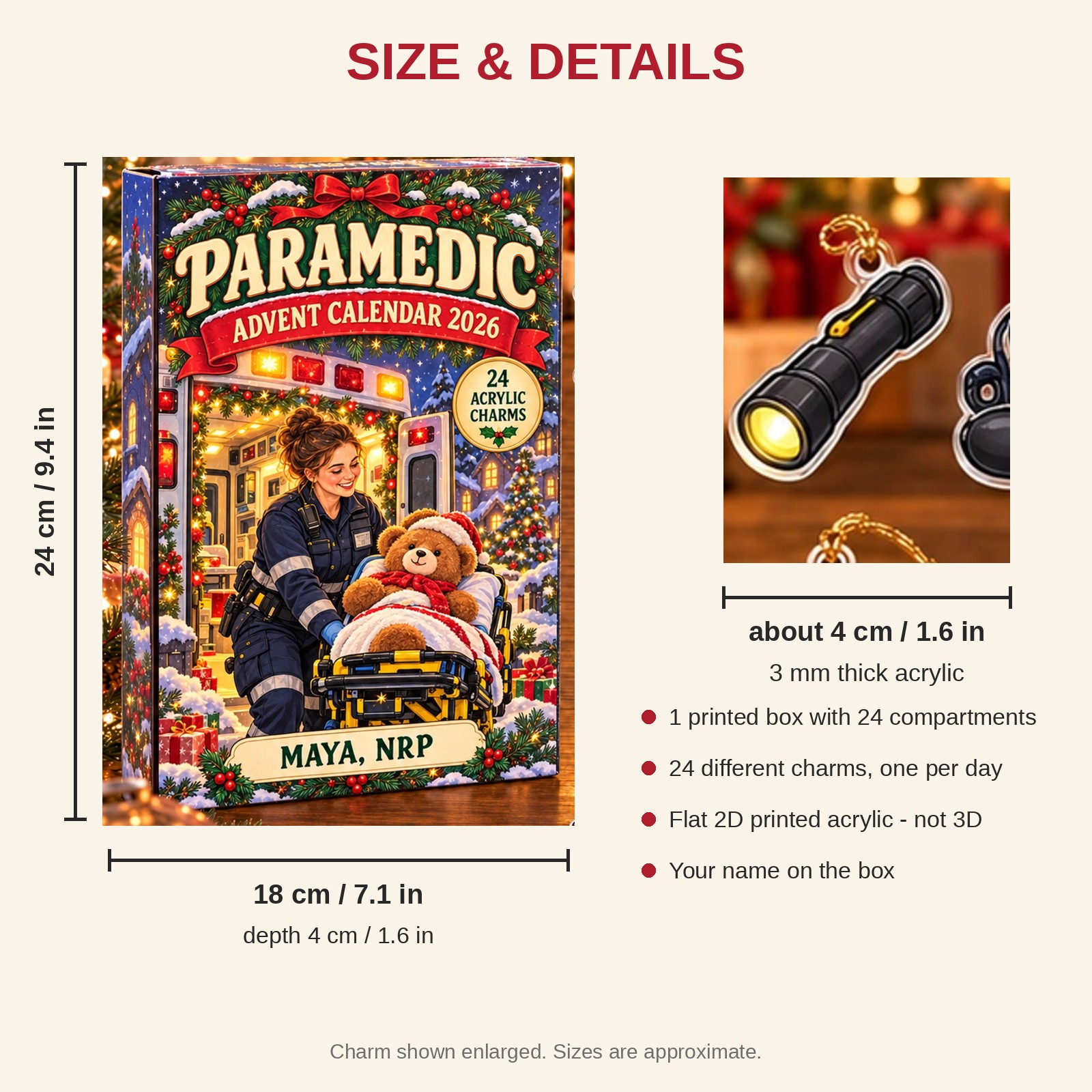 Personalized Paramedic Survival Kit advent calendar box with 24 flat acrylic Christmas charms: box and charm sizes