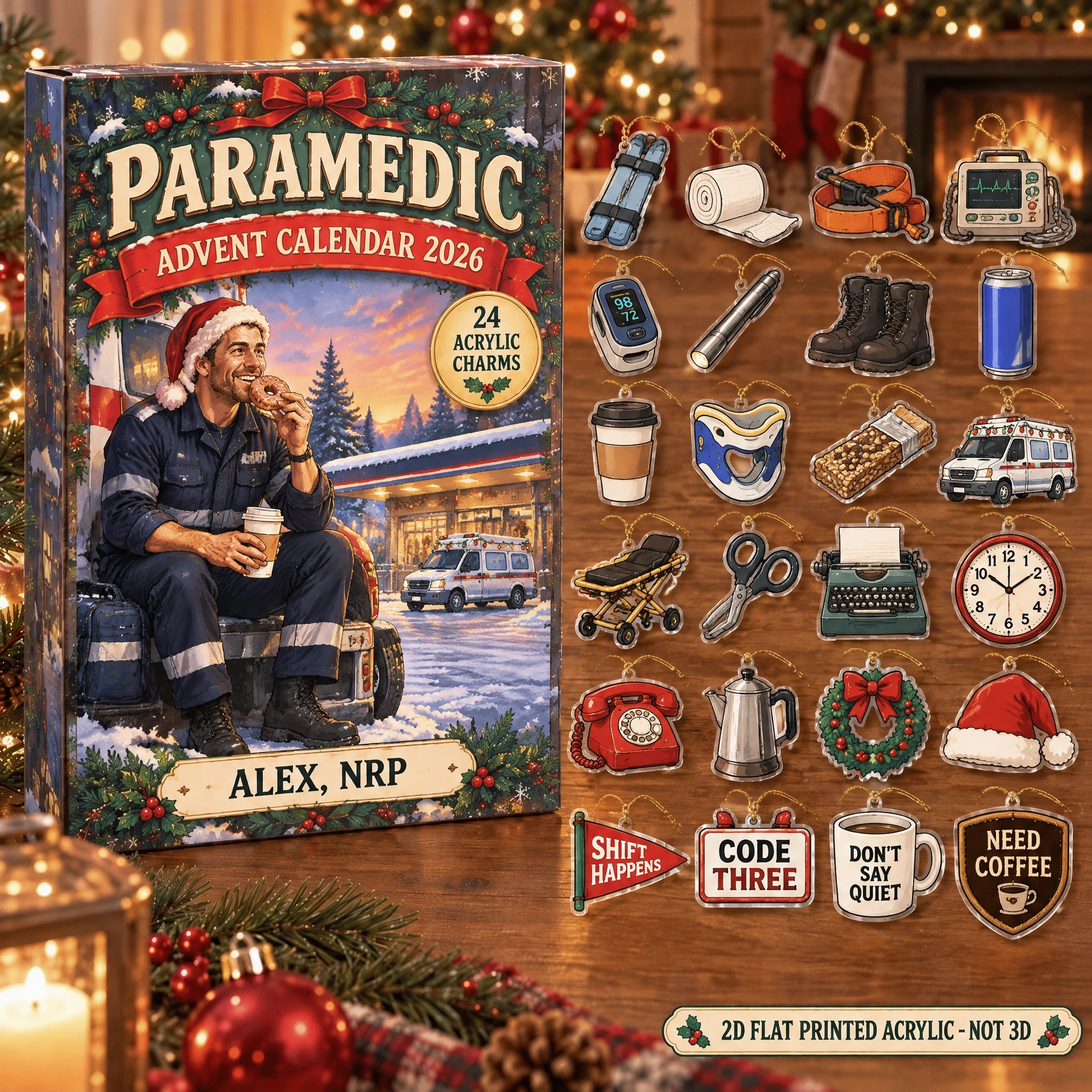 Personalized Vintage Paramedic advent calendar box with 24 flat acrylic Christmas charms